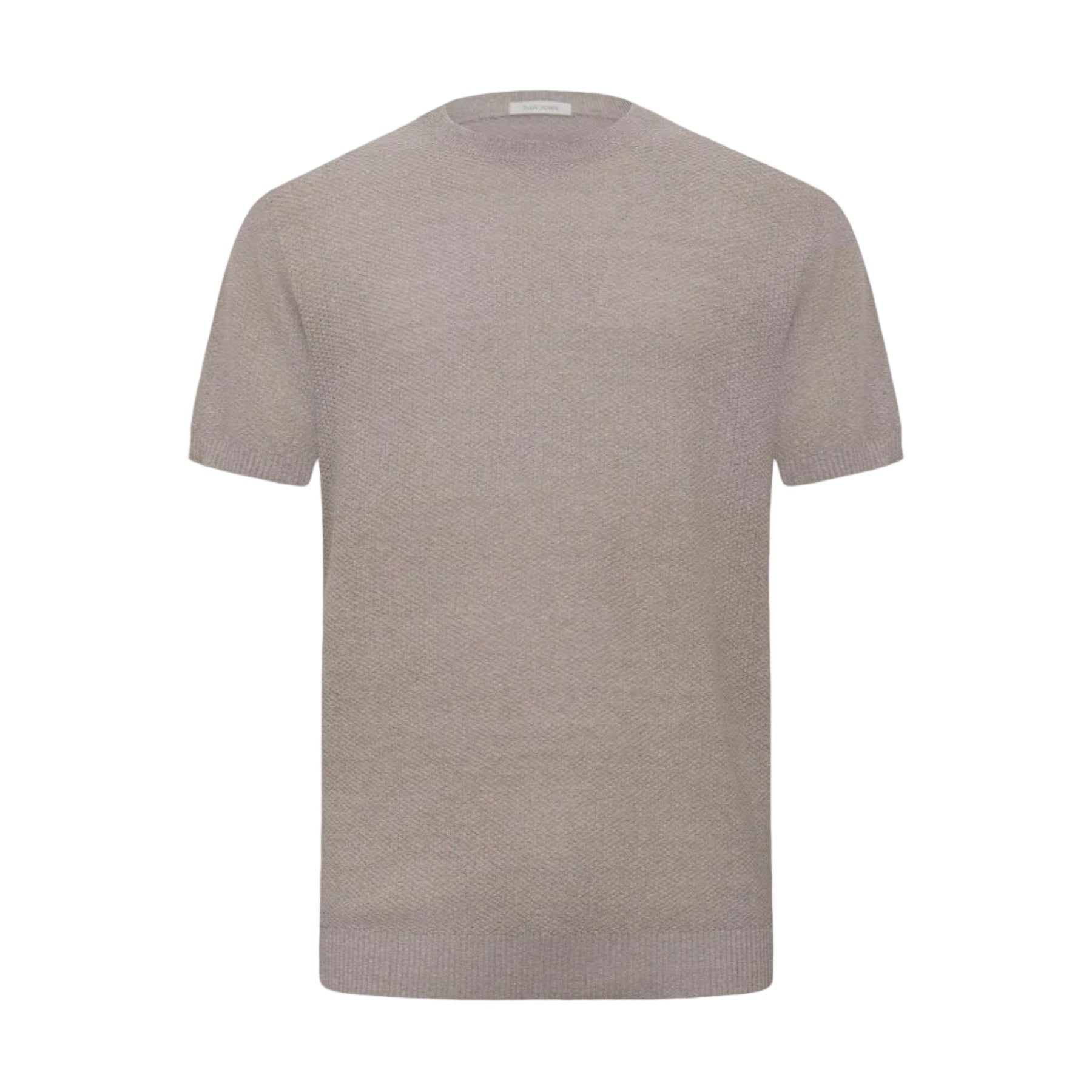 Tortora short-sleeved knit top with a crew neck, subtle textured weave, and ribbed cuffs and hem.