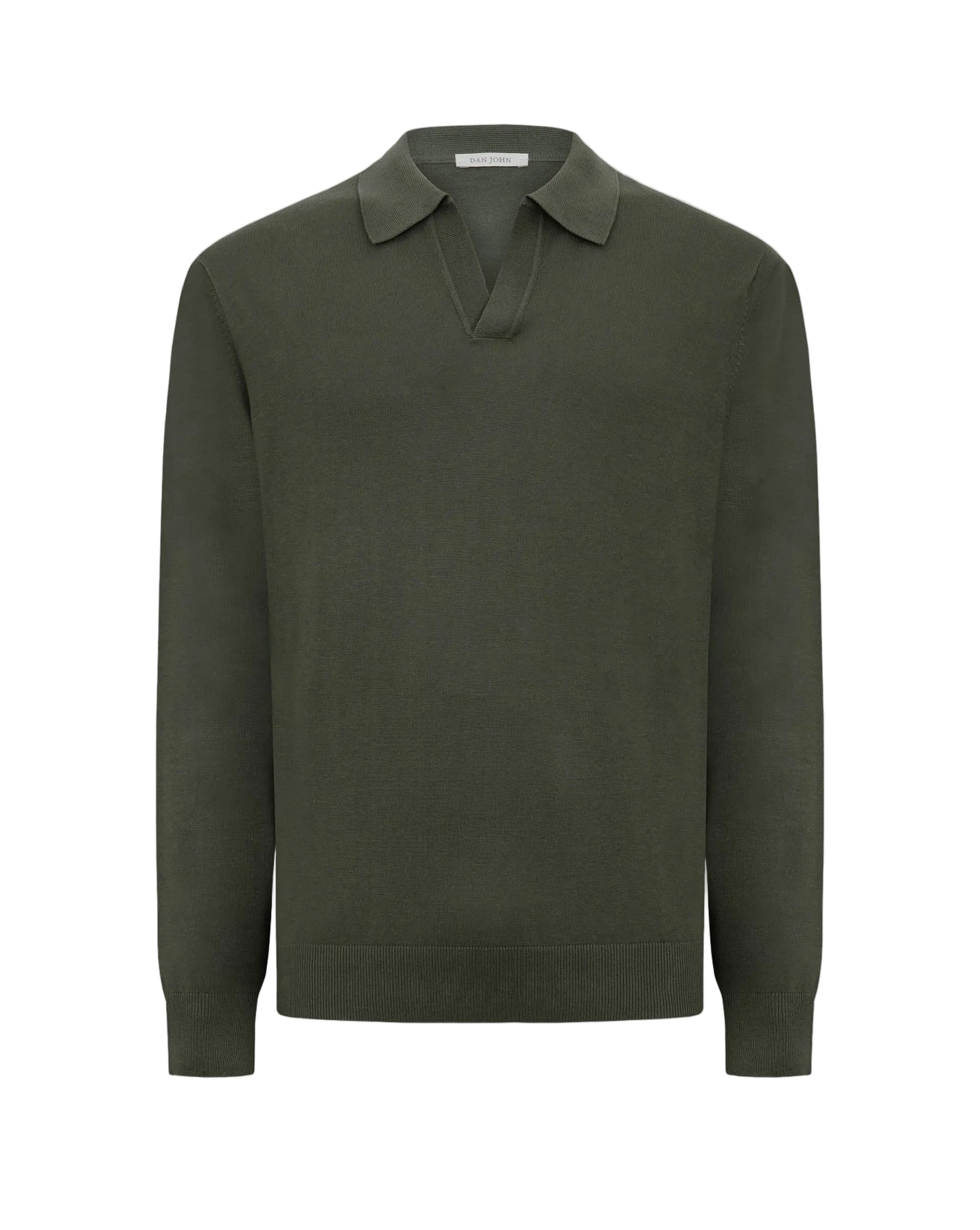 Dark green long-sleeved knitwear polo top with an open V-neckline, ribbed cuffs, and ribbed hem.