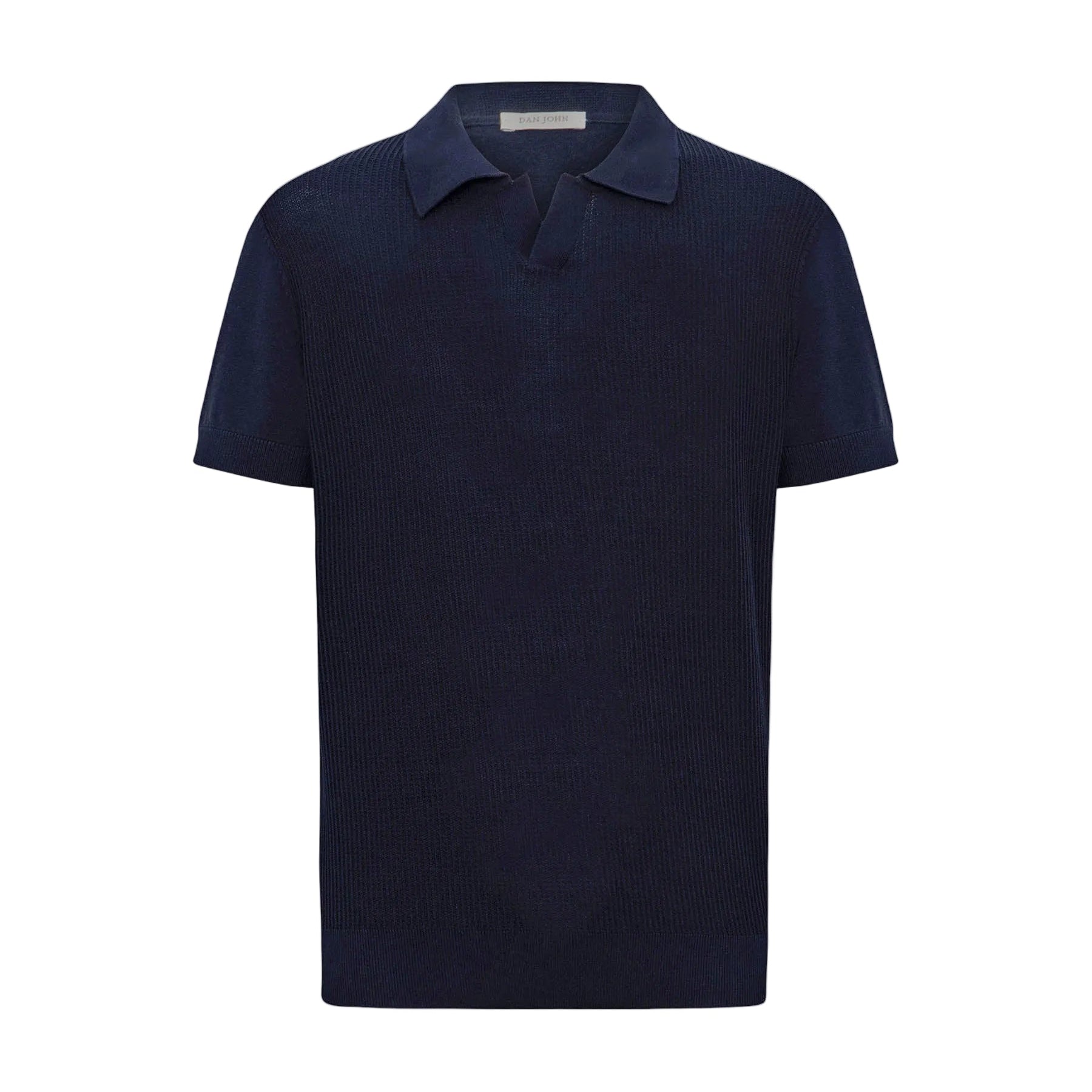 Dark blue short-sleeved knit polo shirt with a ribbed texture, spread collar, and open V-neck placket.