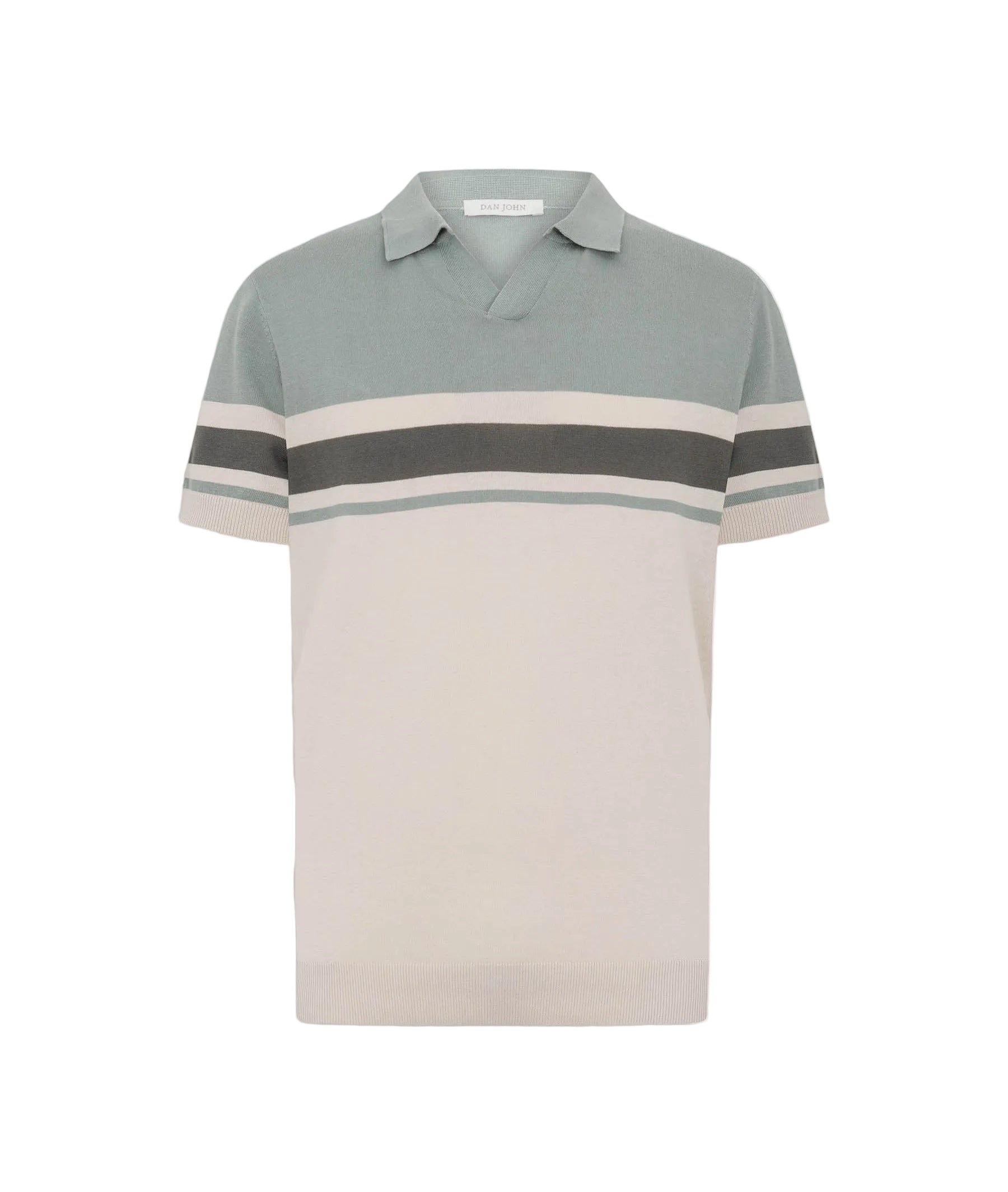Light green and beige short-sleeved knitwear polo shirt with a spread collar, open V-neck, and horizontal grey and beige stri
