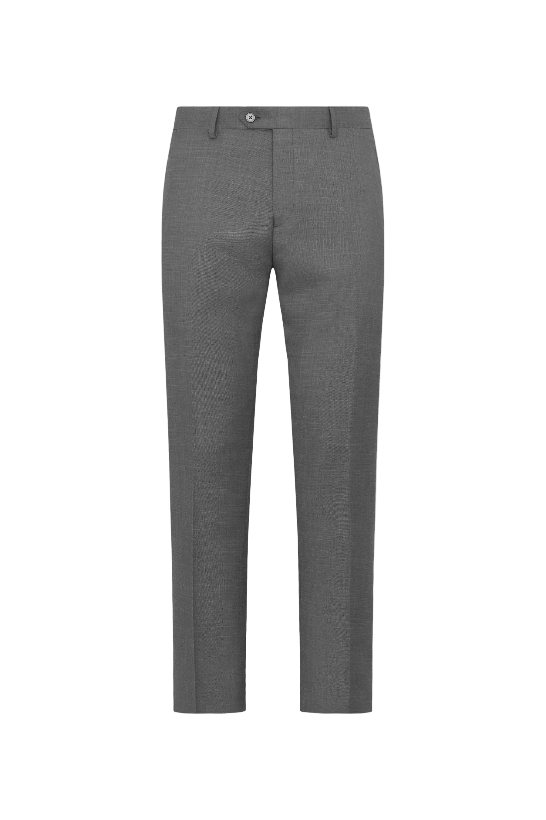 Grey tailored pants with a subtle woven texture, flat front, button closure, belt loops, and pressed front creases.