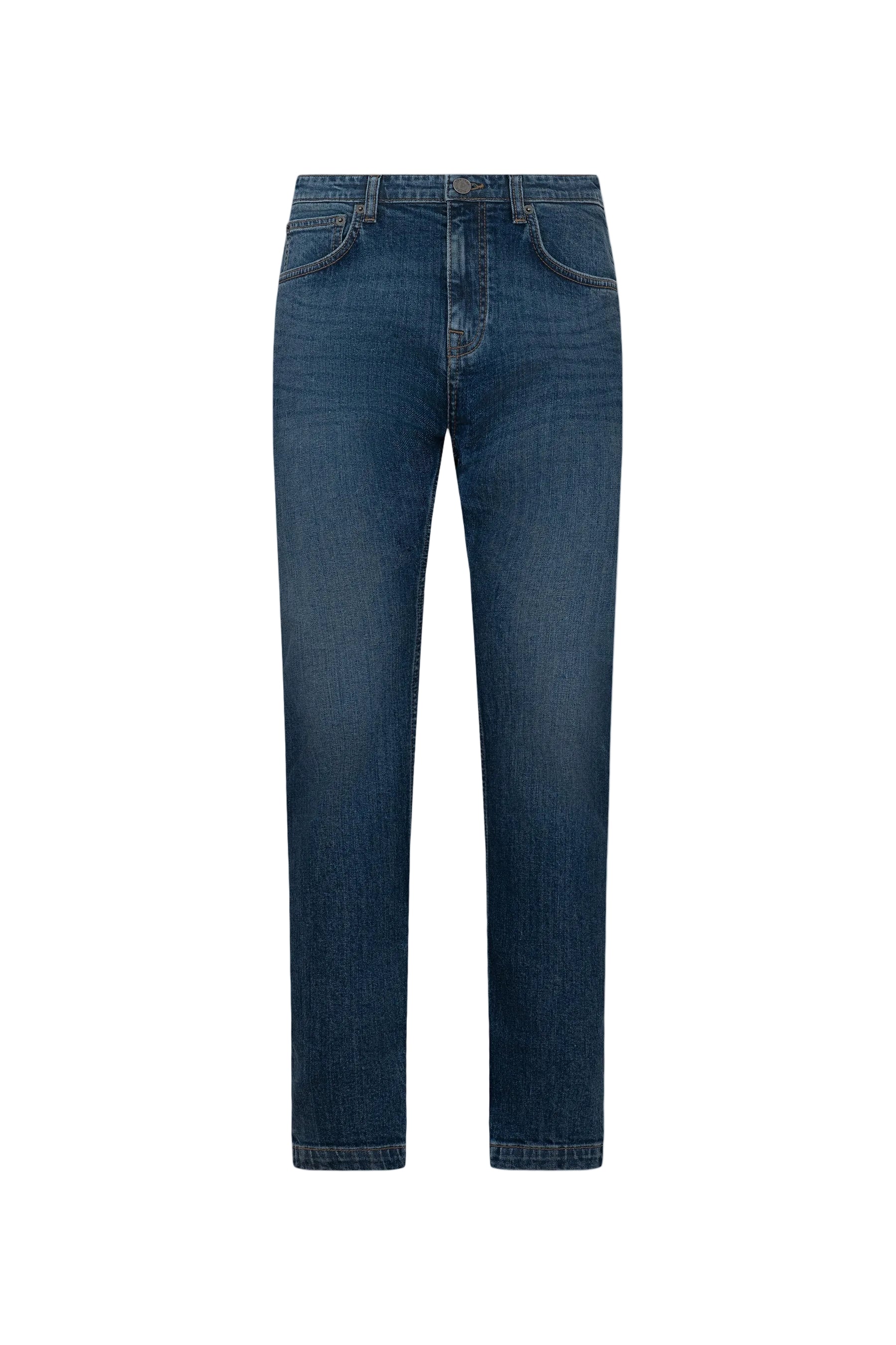Dark blue denim trousers with a straight leg, five-pocket style, gold-toned rivets, and contrast stitching.
