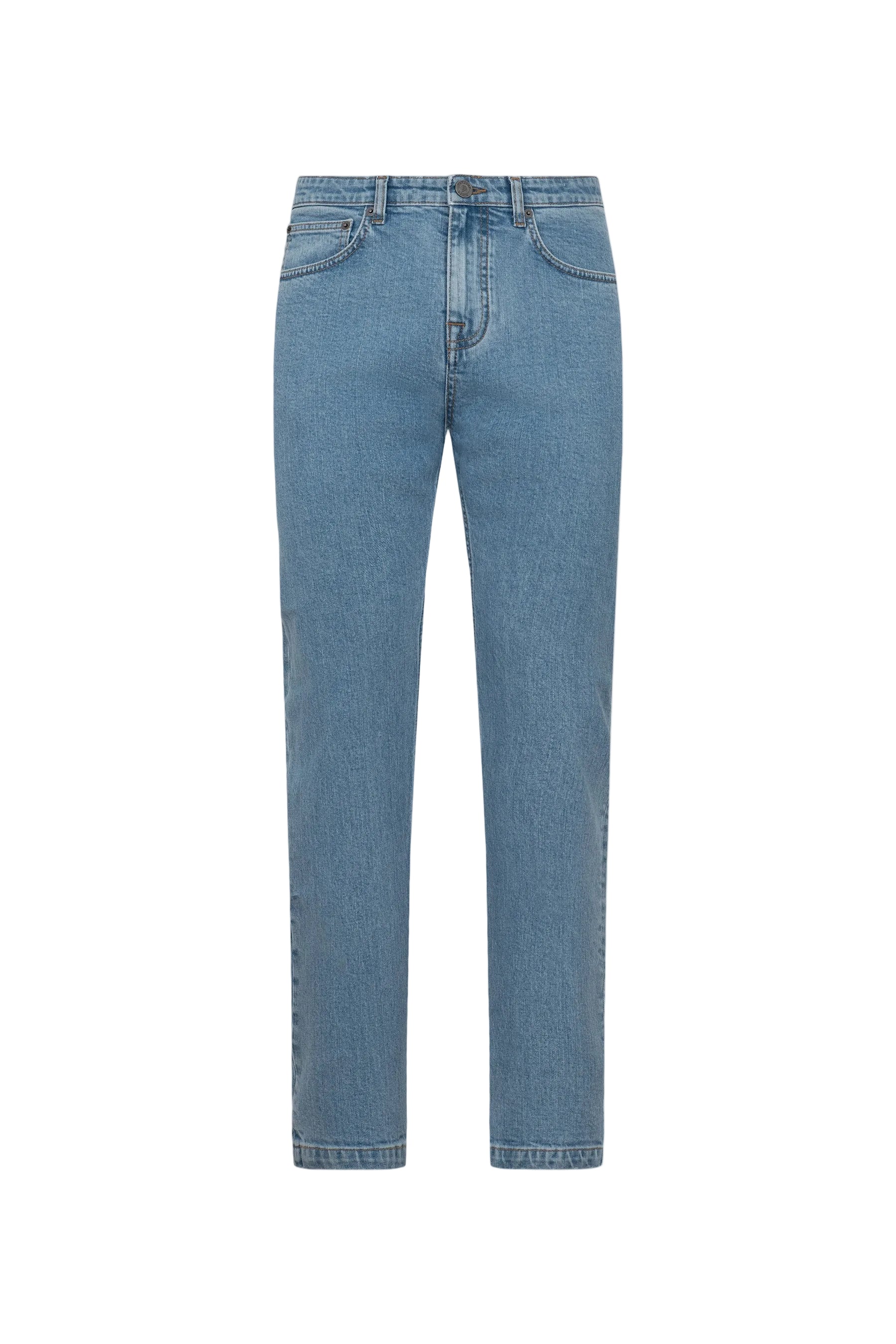 Light blue denim straight-leg trousers with belt loops, a front button and zipper, two front pockets, and a coin pocket.