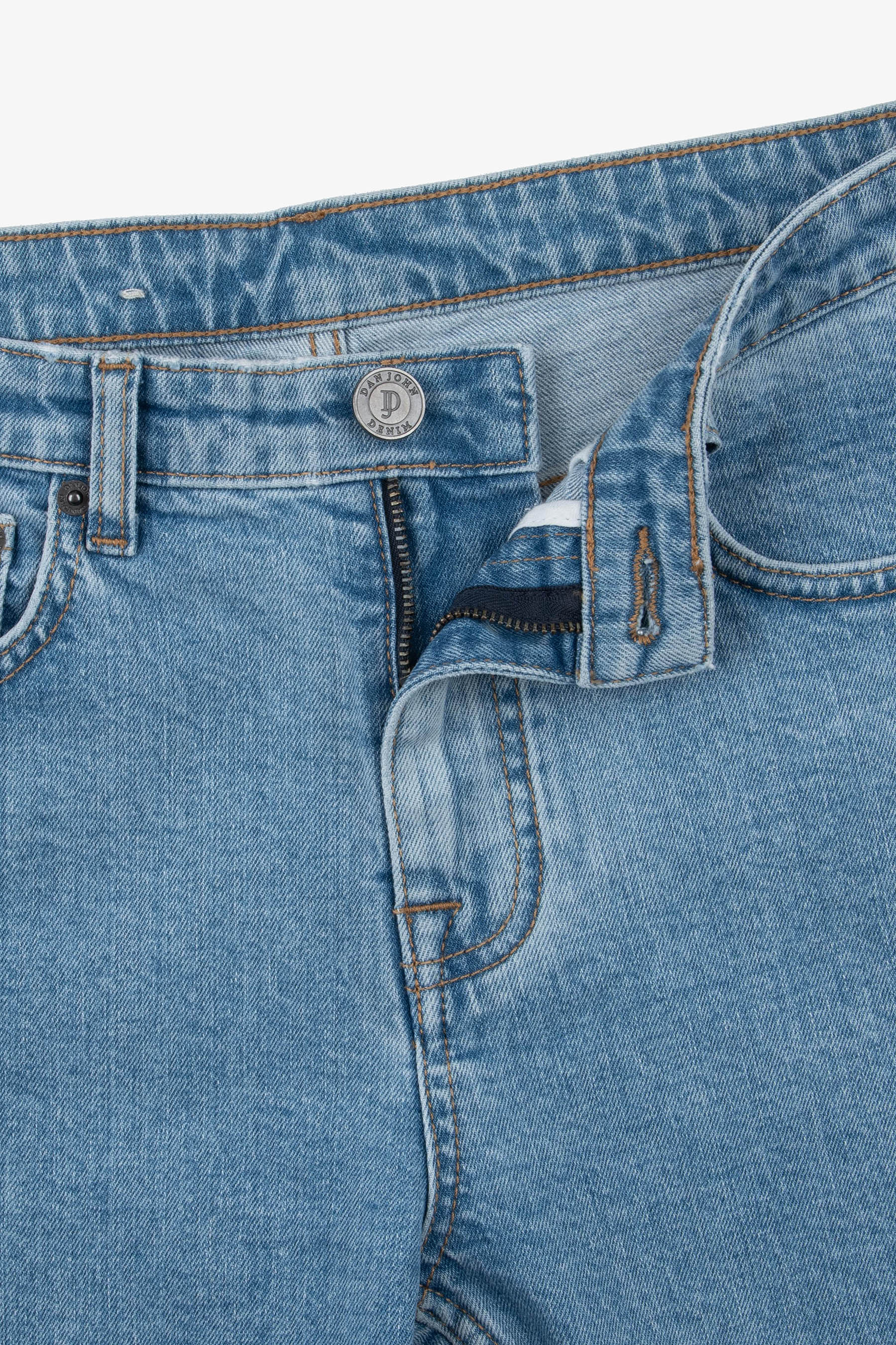 Light blue denim trousers with a partially open zipper fly, silver-toned button, and tan stitching.