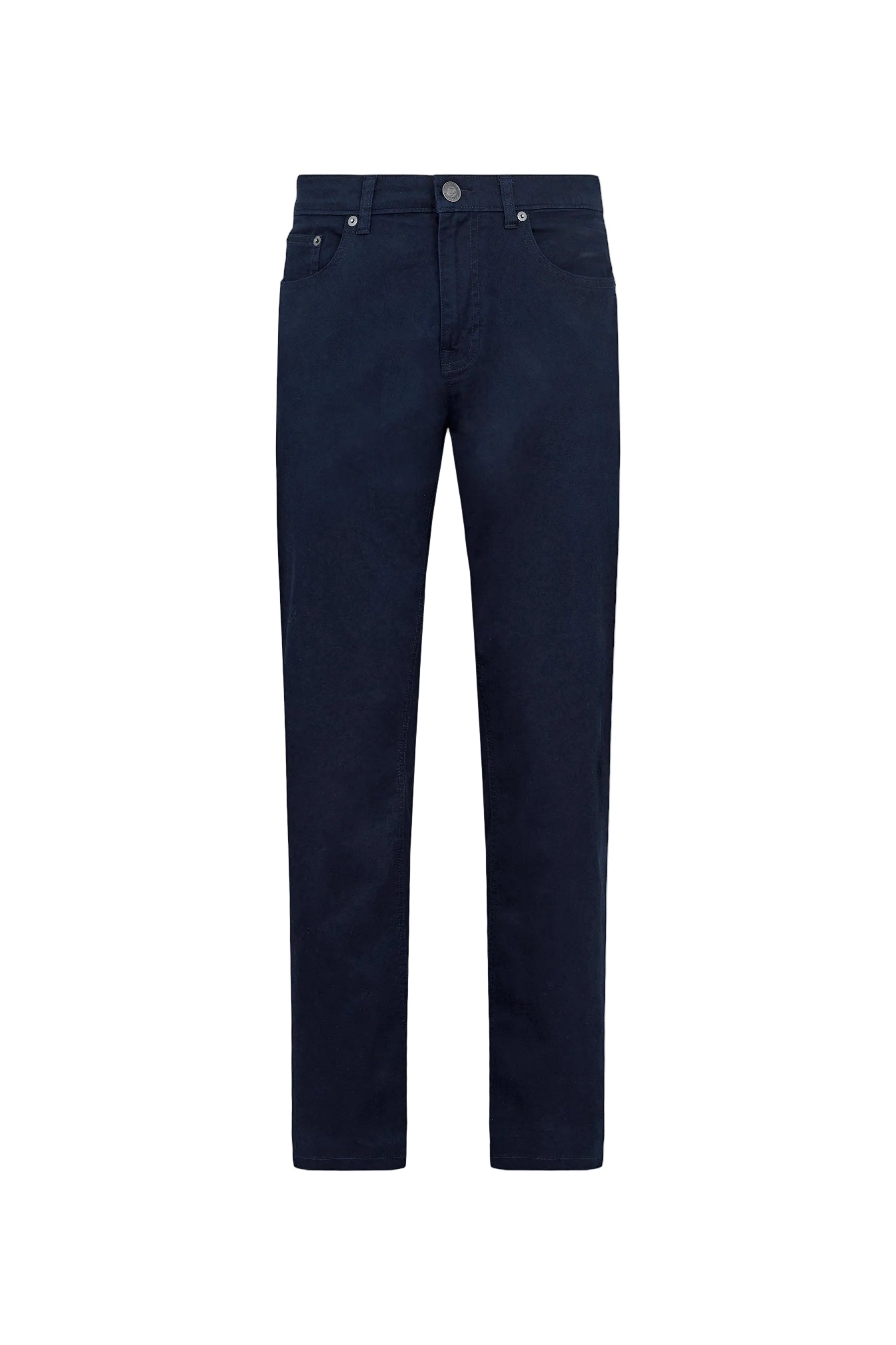 Navy blue straight-leg trousers with five pockets, a silver-toned button, and rivets.