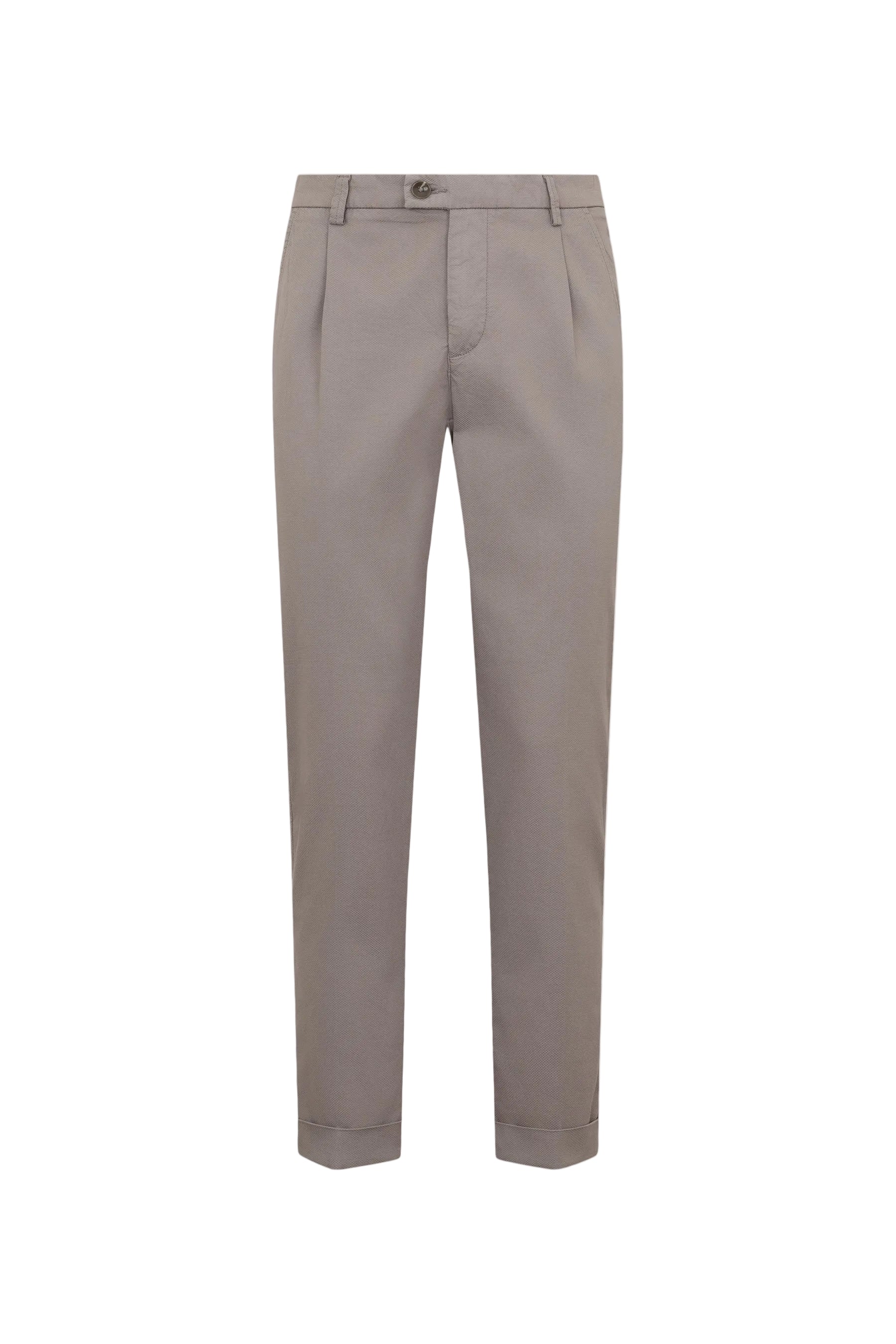 Tortora-colored trousers with front pleats, belt loops, a button closure, and cuffed hems.
