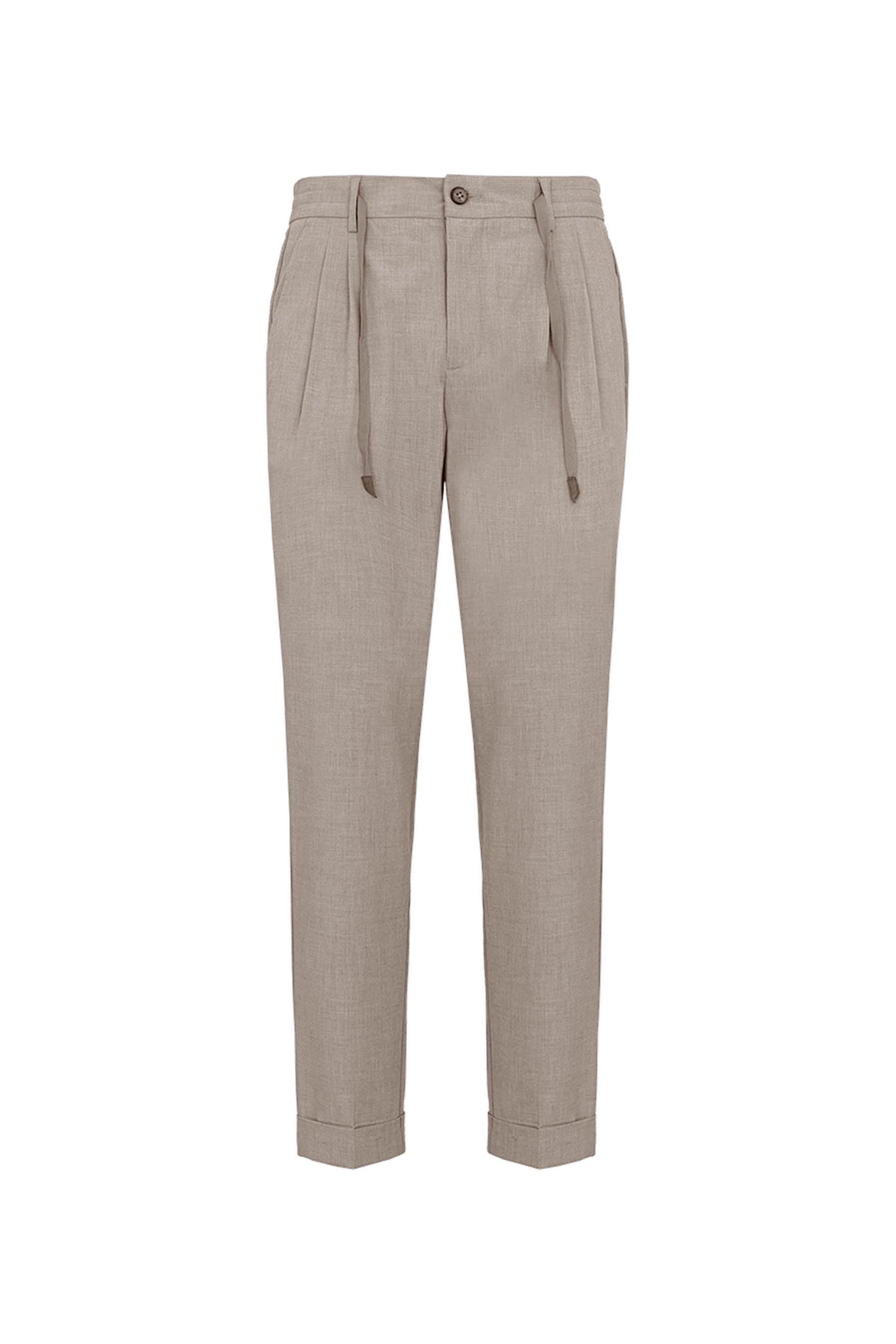 Light brown pleated trousers with a drawstring waist, button closure, belt loops, and cuffed hems.