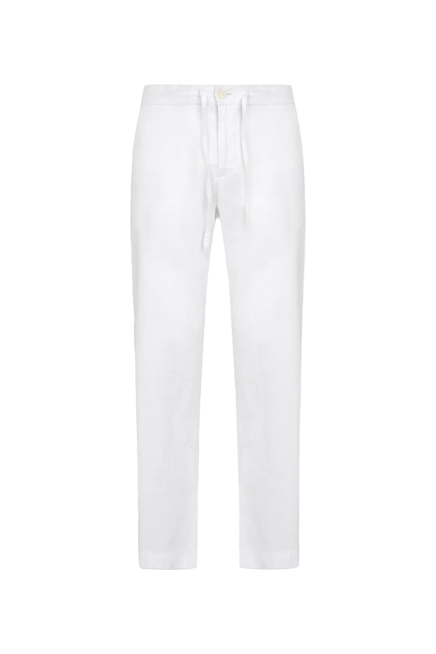 White relaxed fit linen blend trousers with a drawstring waist and a single button closure.