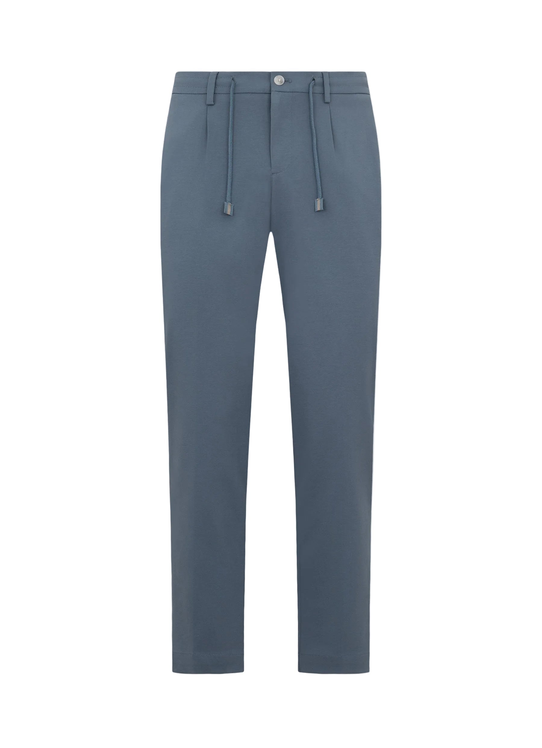 Muted blue straight leg trousers with a flat front, button and zip fly, belt loops, and a drawstring waist.