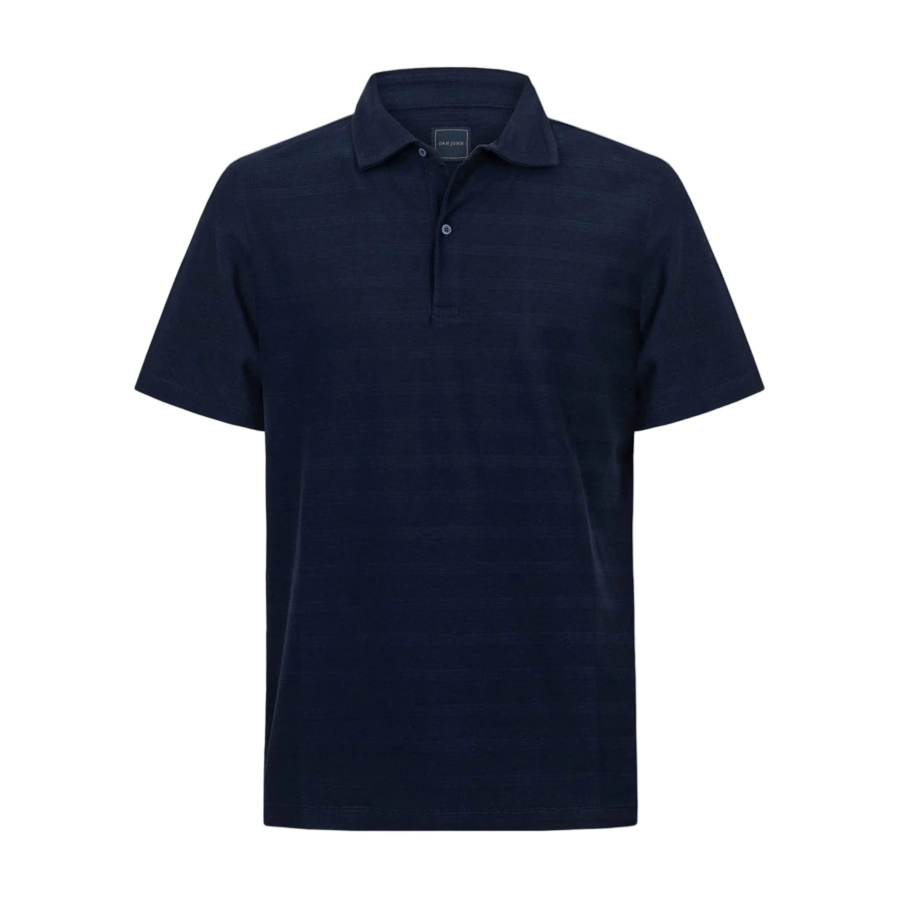 Textured navy blue short-sleeve polo shirt with a classic collar and two-button placket.