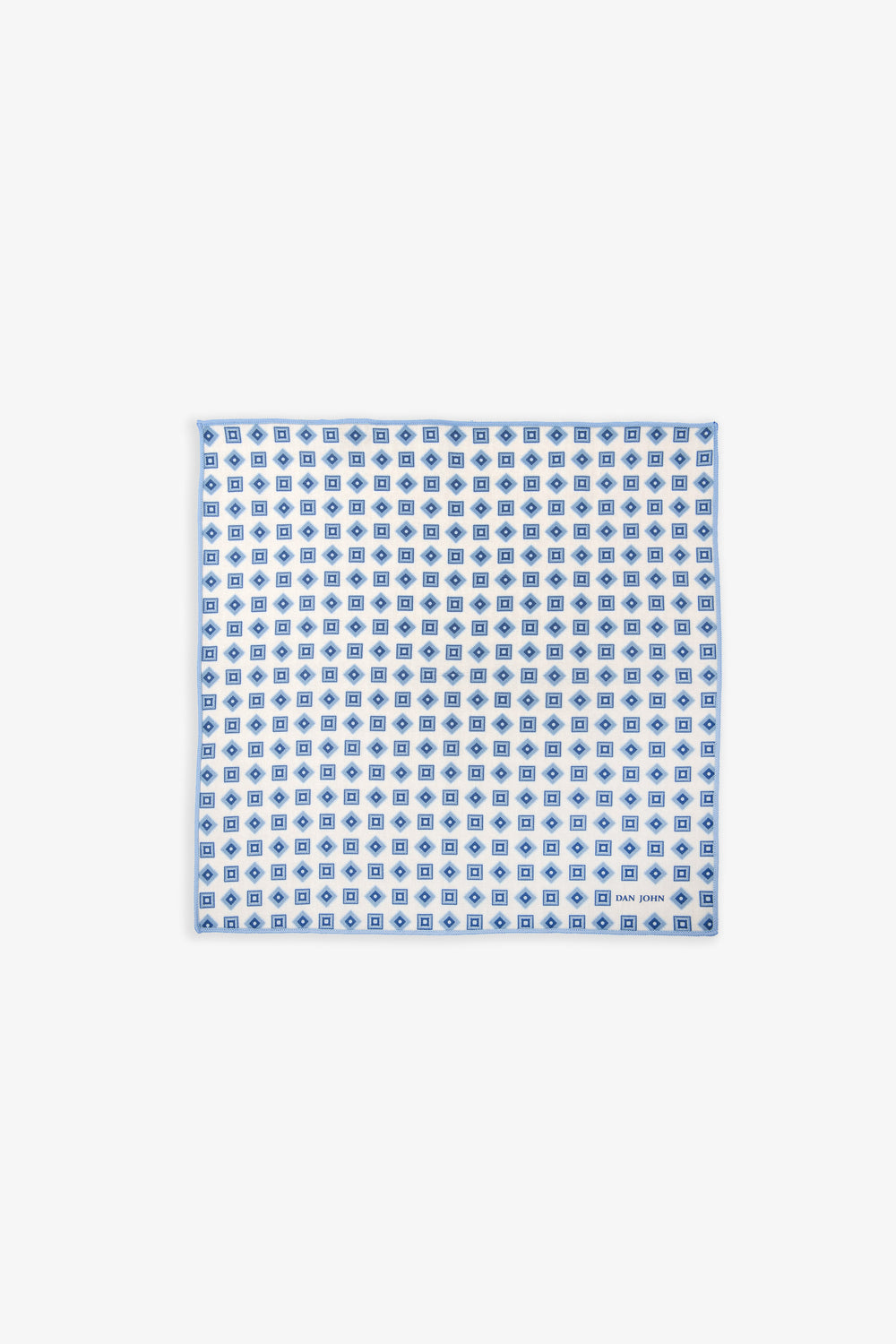 Light blue and off-white cotton handkerchief with a repeating geometric pattern of squares and diamonds, featuring a 'Dan Joh