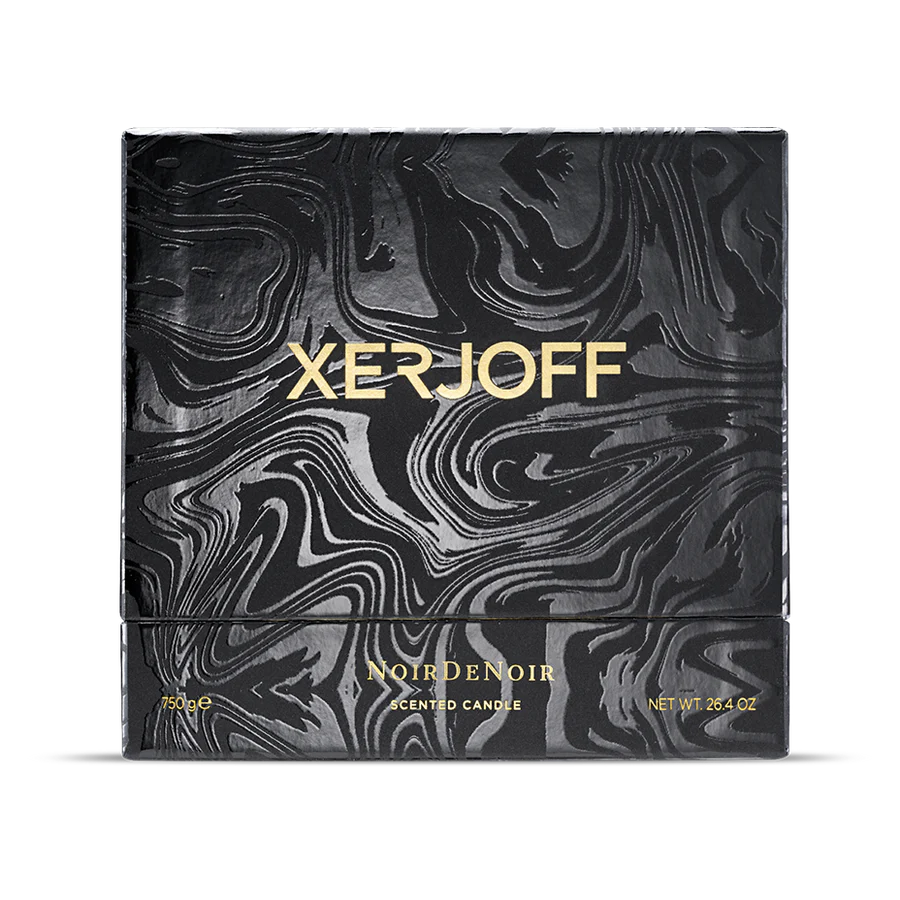 The extra-large luxury packaging for the 750g Xerjoff Noir De Noir candle, featuring a substantial square box with a dark grey marble design and gold foil branding.
