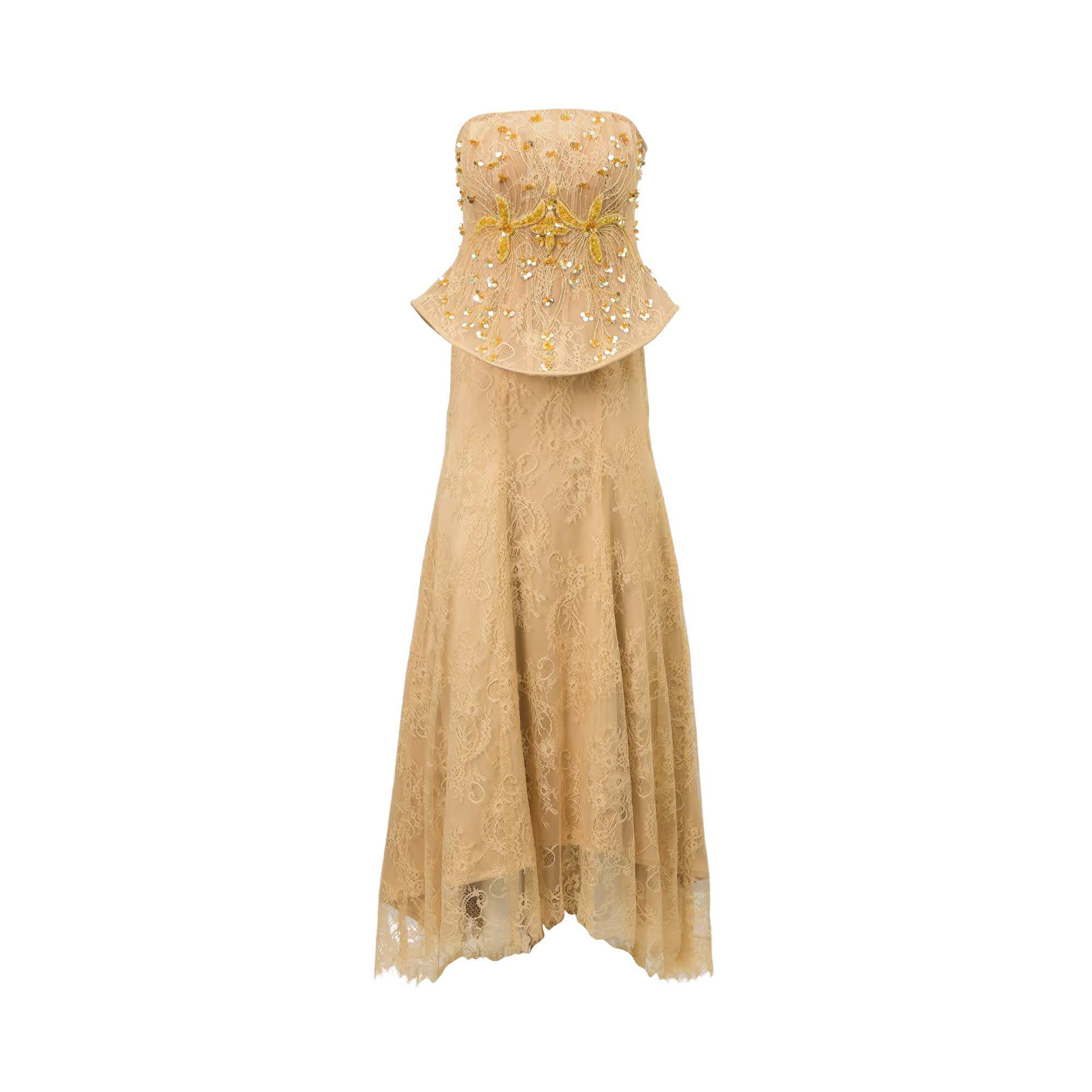 Beige strapless lace dress with a peplum waist, gold-toned beaded floral motifs, and scattered sequins.