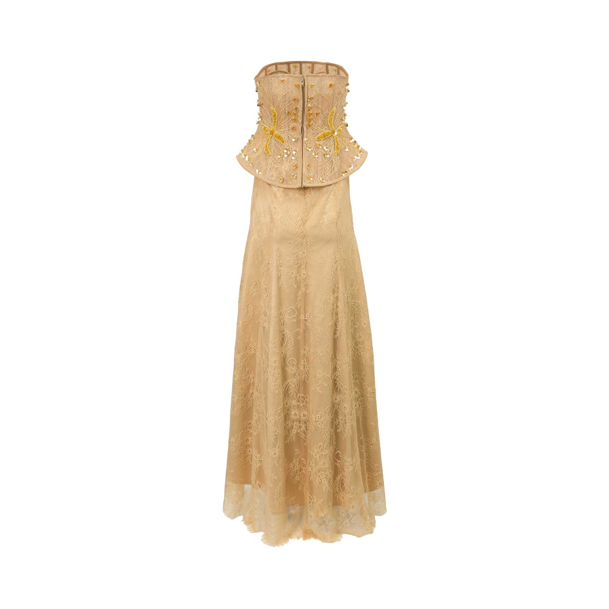 Beige strapless floor-length dress. Peplum bodice with front zipper, gold-toned beaded butterfly embellishments. Floral lace