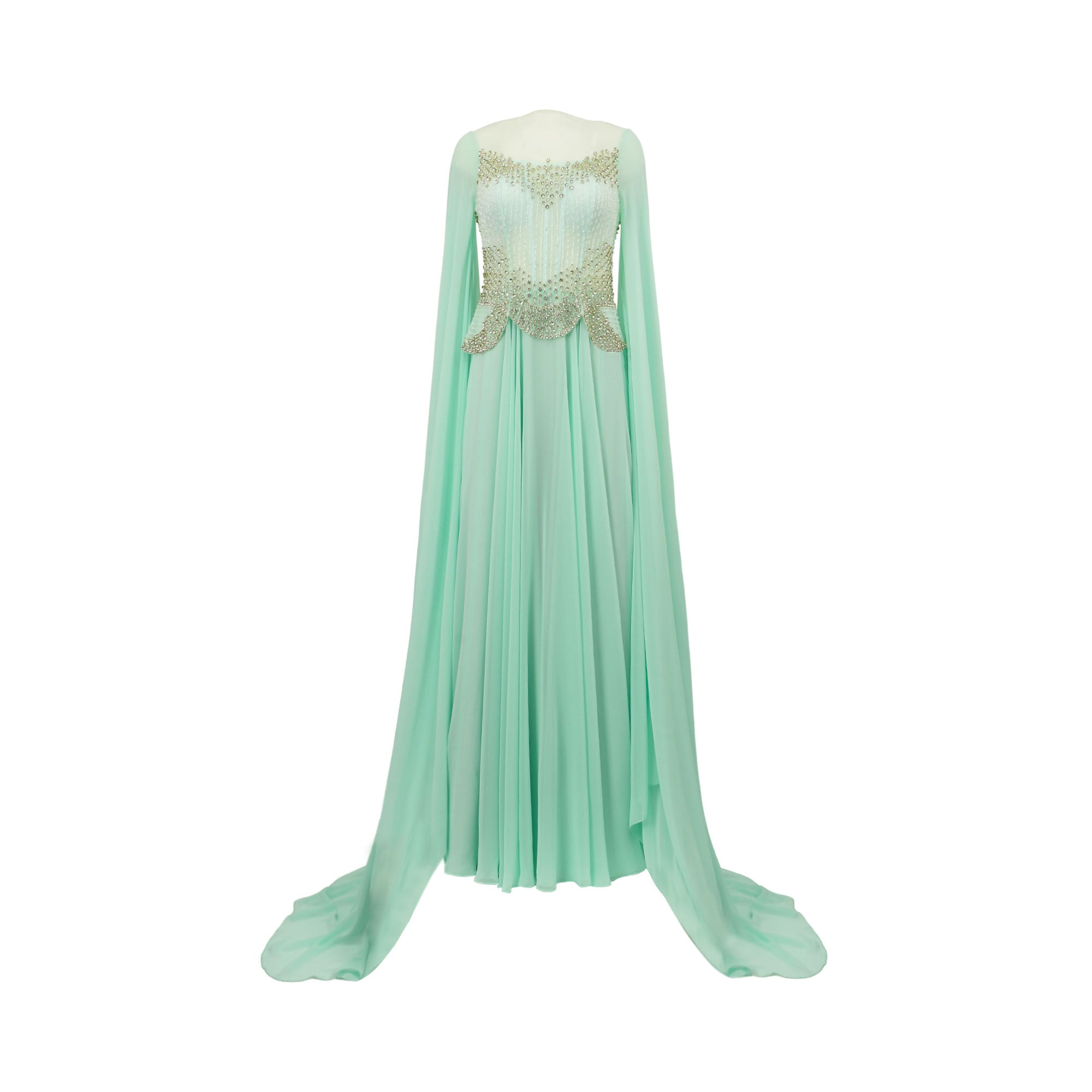 Tiffany blue floor-length gown with long cape sleeves, an illusion neckline, and an intricately beaded bodice.