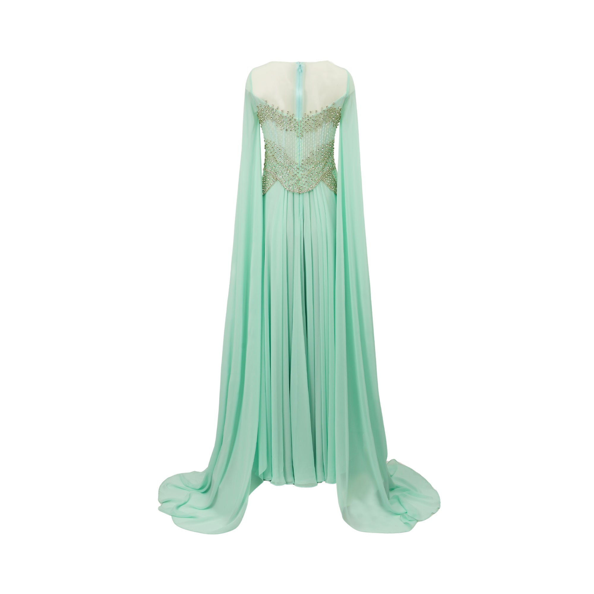 Tiffany blue gown with sheer neckline, gold-toned beaded bodice, long flowing cape sleeves, and a pleated skirt with train.
