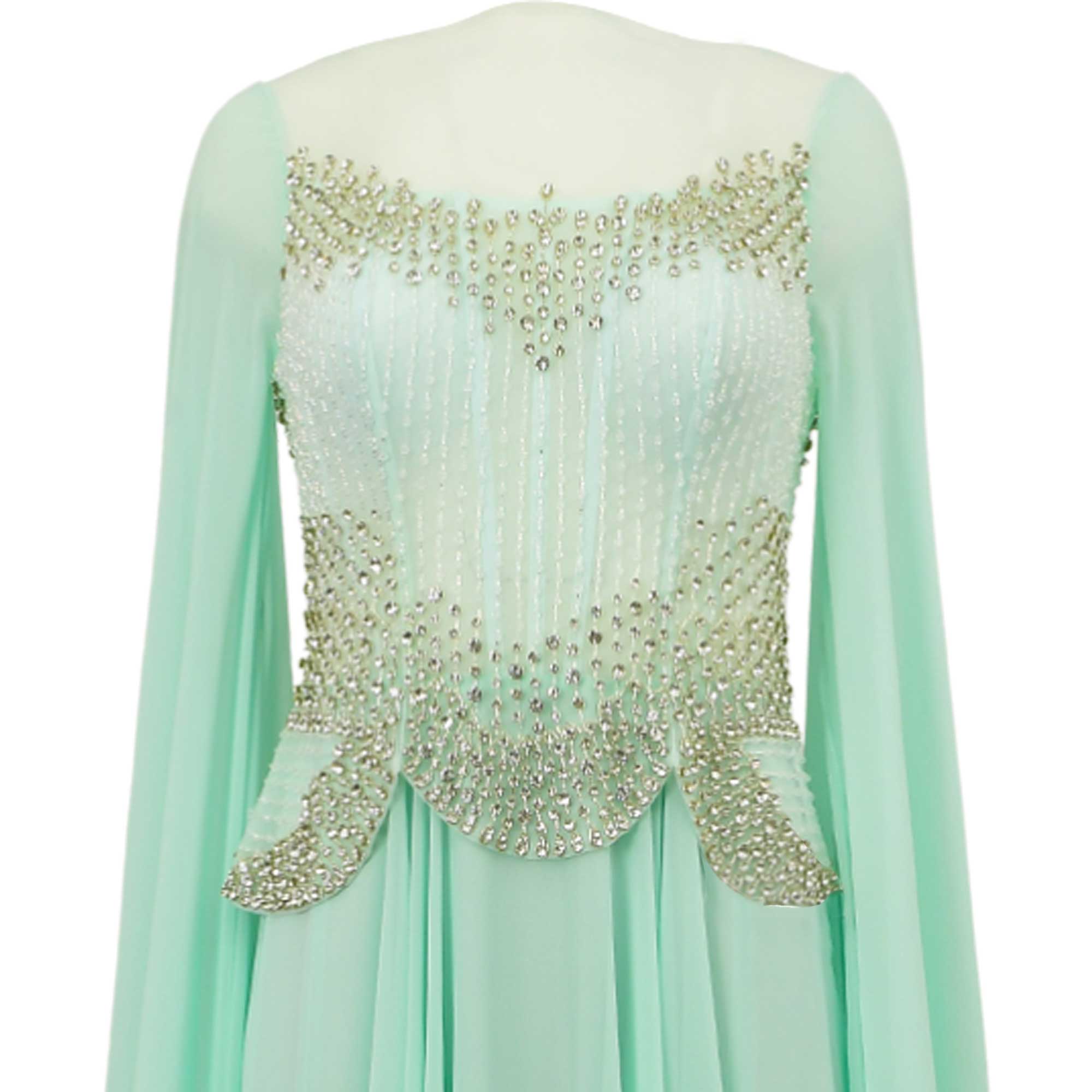 Tiffany green long-sleeve dress with a sheer, beaded bodice featuring silver-toned embellishments and a scalloped waist.