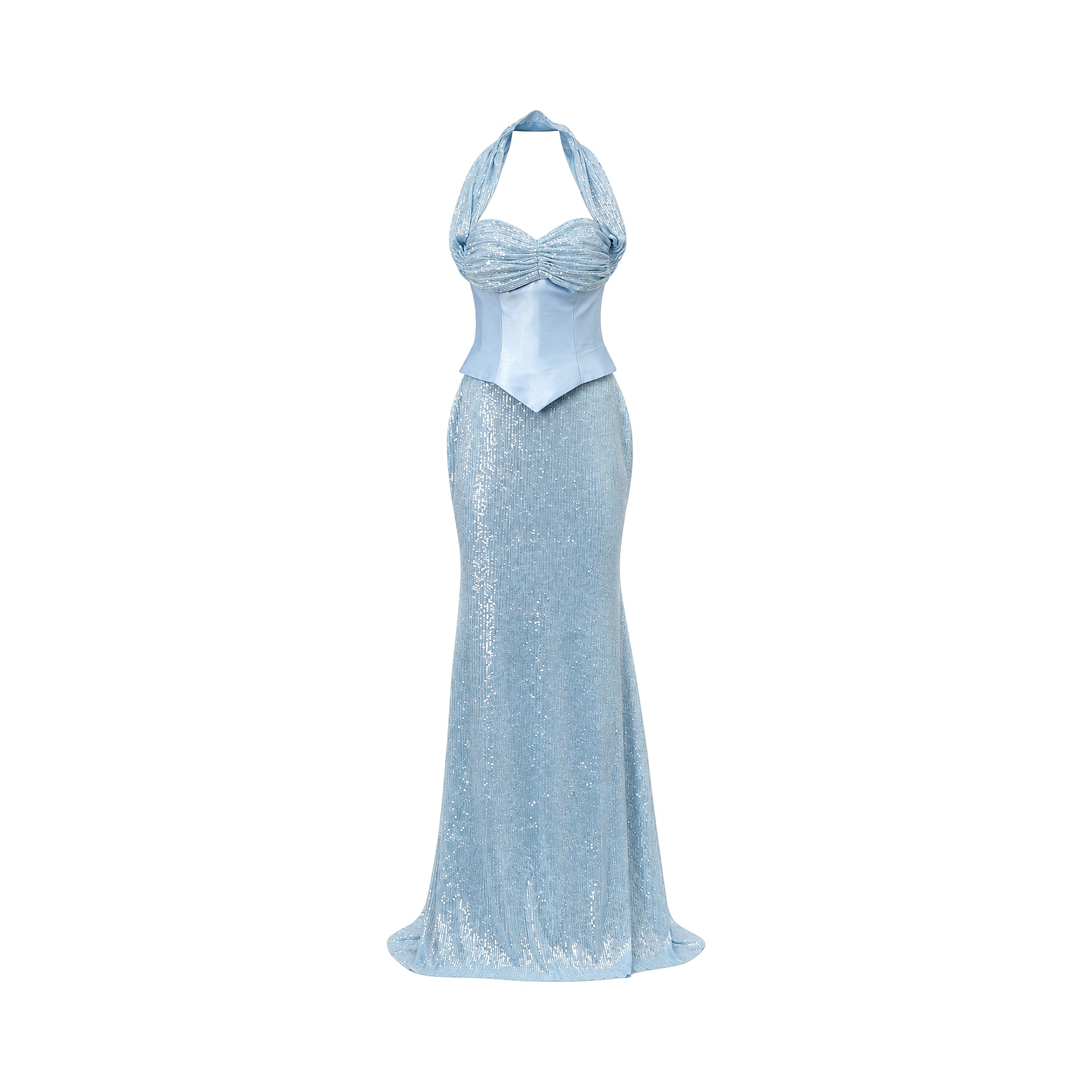 Sky blue halter neck gown with a ruched satin bodice and a floor-length sequinned skirt.