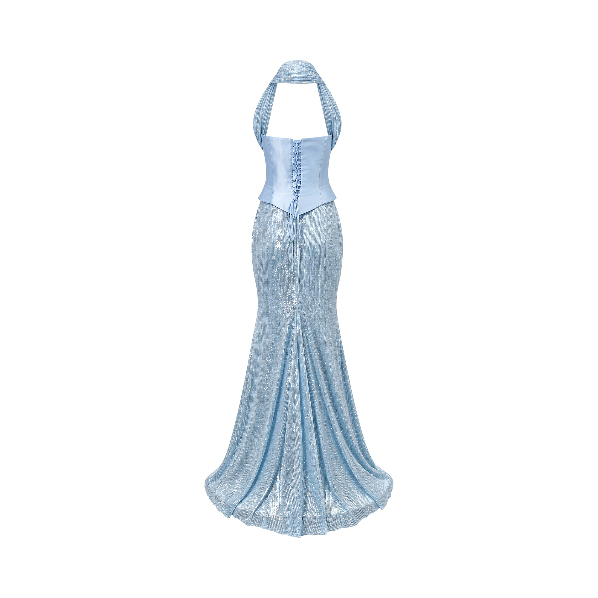 Sky blue halter neck dress with a satin corset-style bodice featuring back lacing, and a sequined mermaid skirt.