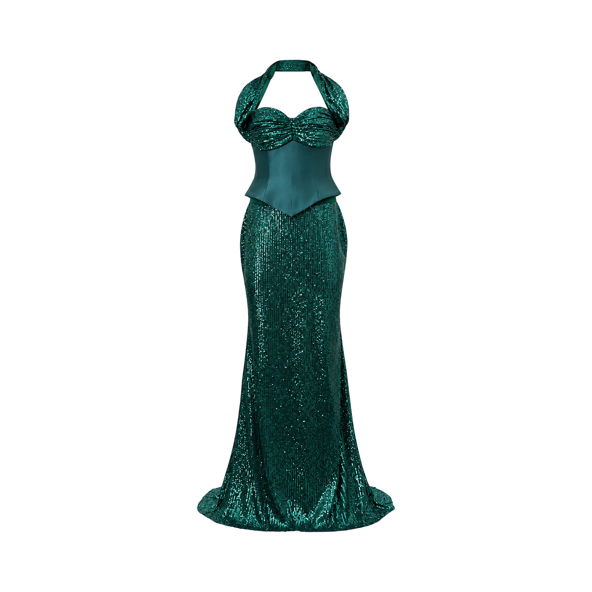 Emerald green halter neck gown. The sequined bust is ruched, with a smooth, fitted midsection. The floor-length skirt is full