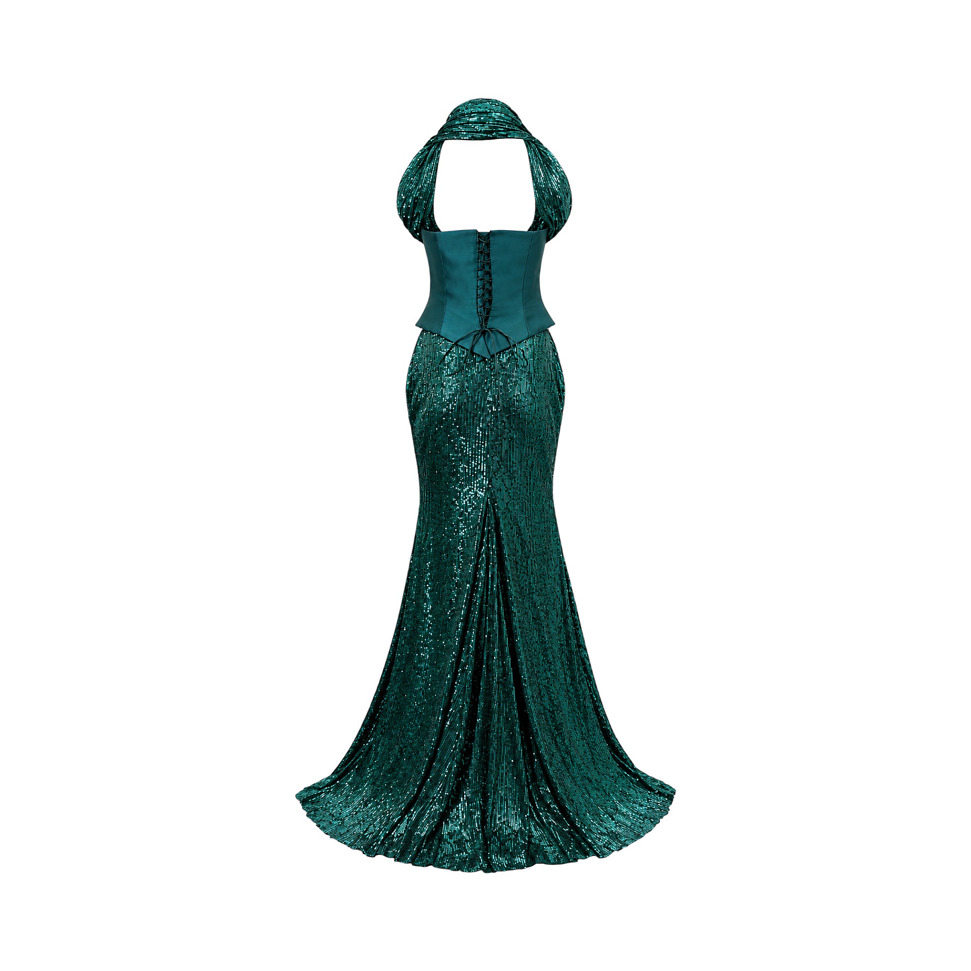 Emerald green sequined mermaid gown with a square-neck corset bodice and a draped halter neck.