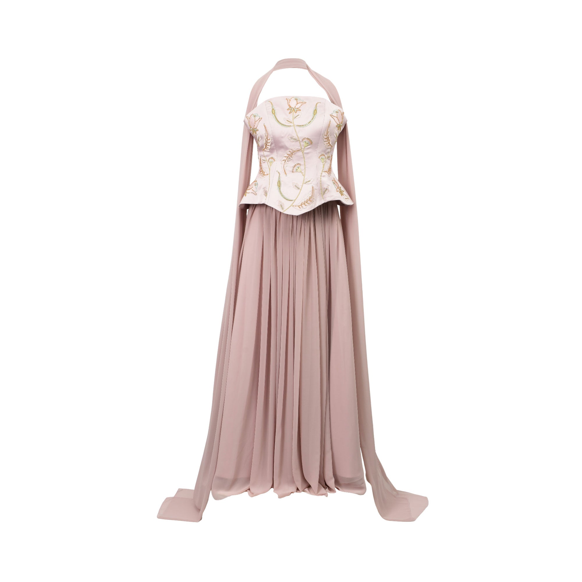 Mauve full-length dress with an embroidered halter neck bodice and a flowing pleated skirt, featuring long fabric panels.
