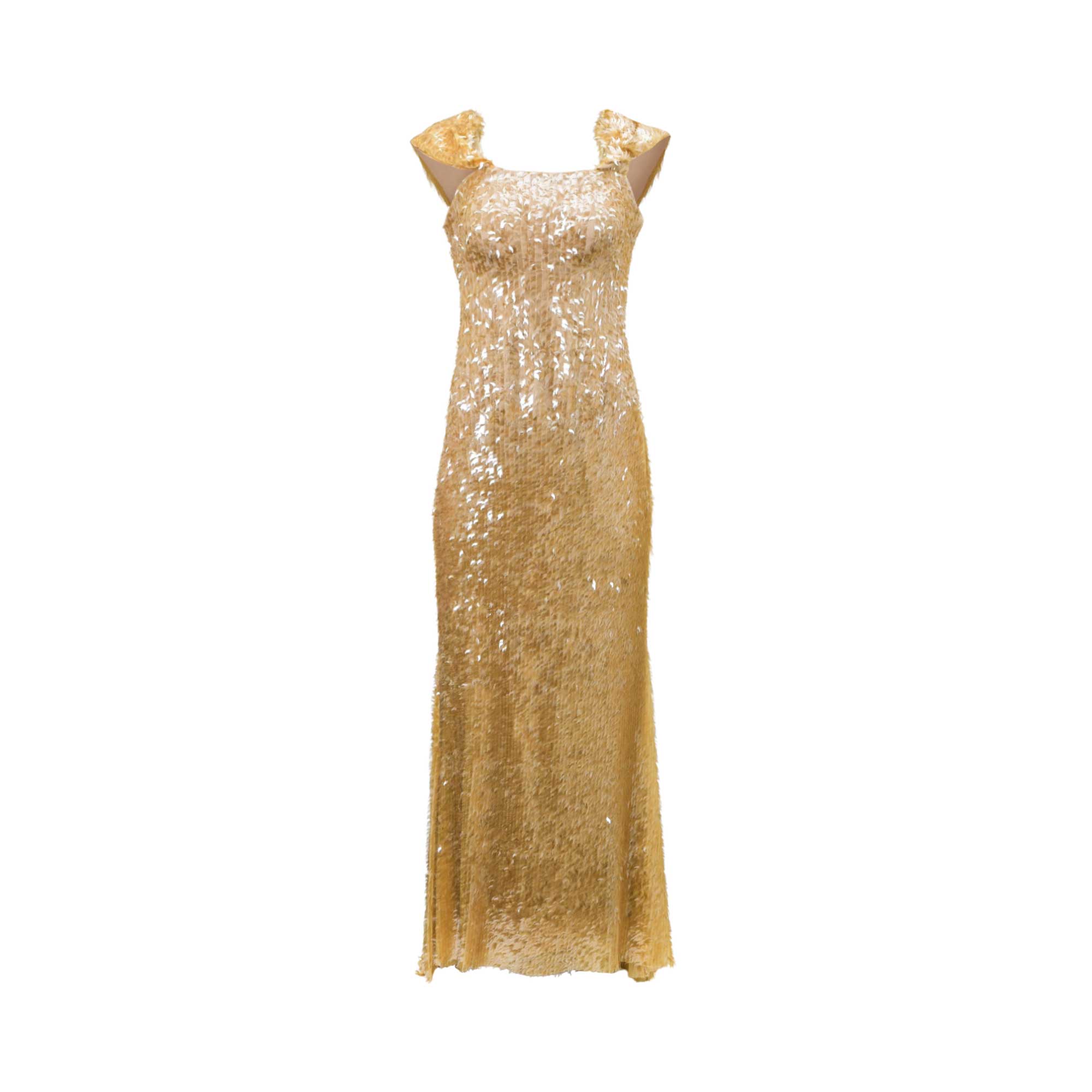 Gold-toned sequin maxi dress with a square neckline and short, gathered cap sleeves, extending to a floor-length hem.