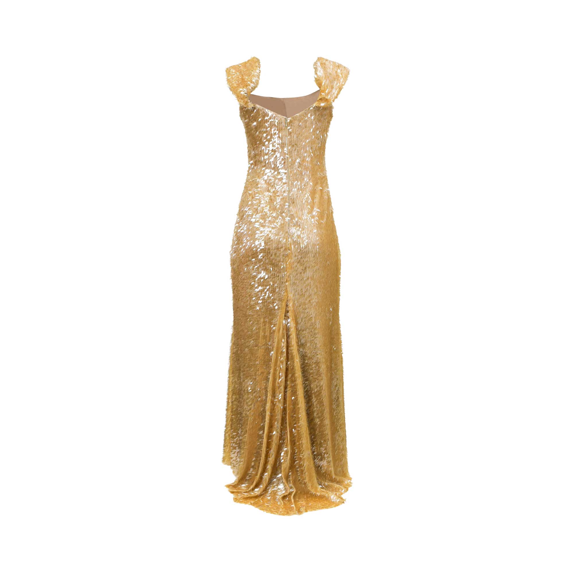 Gold-toned sequined floor-length dress with a sweetheart neckline, ruffled cap sleeves, and a back zipper leading to a slight