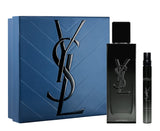 Blue YSL MYSLF Eau de Parfum gift set with a dark blue textured box, black gradient 100ml bottle, and 10ml travel spray.