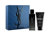 Blue Yves Saint Laurent MYSLF Eau de Parfum gift set with a dark rectangular fragrance bottle and a black shower gel tube.