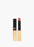Yves Saint Laurent The Slim lipstick with a gold-toned base, black cap, and exposed pink stiletto matte lipstick bullet.