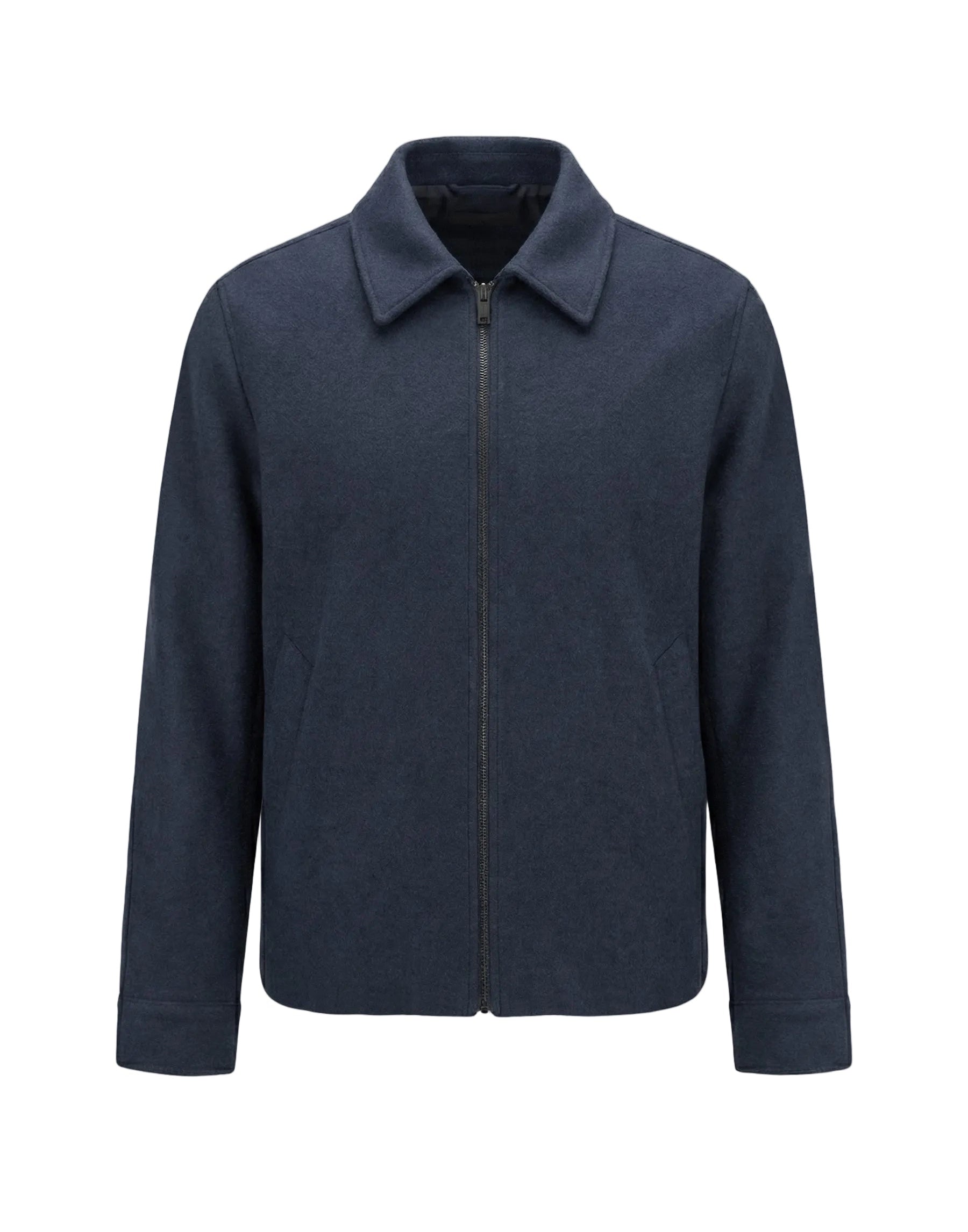 Dark blue collared zip-front jacket with a felted texture, long sleeves, and two subtle side pockets.
