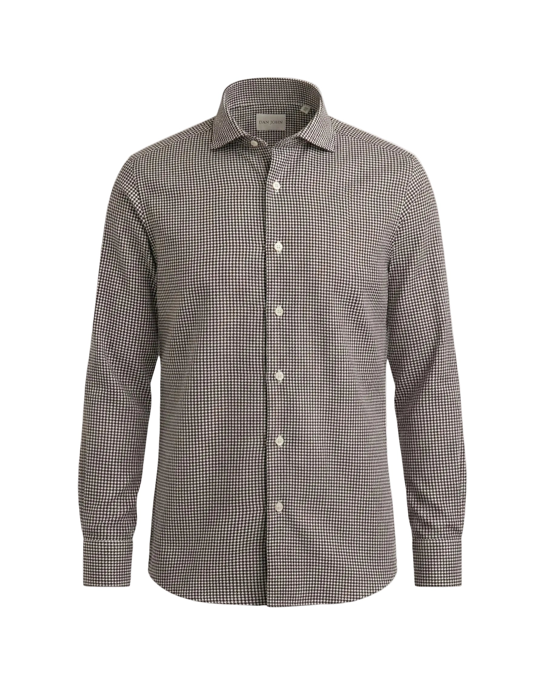 Men's long-sleeved shirt in a brown and off-white micro-check pattern, featuring a spread collar and button-front.