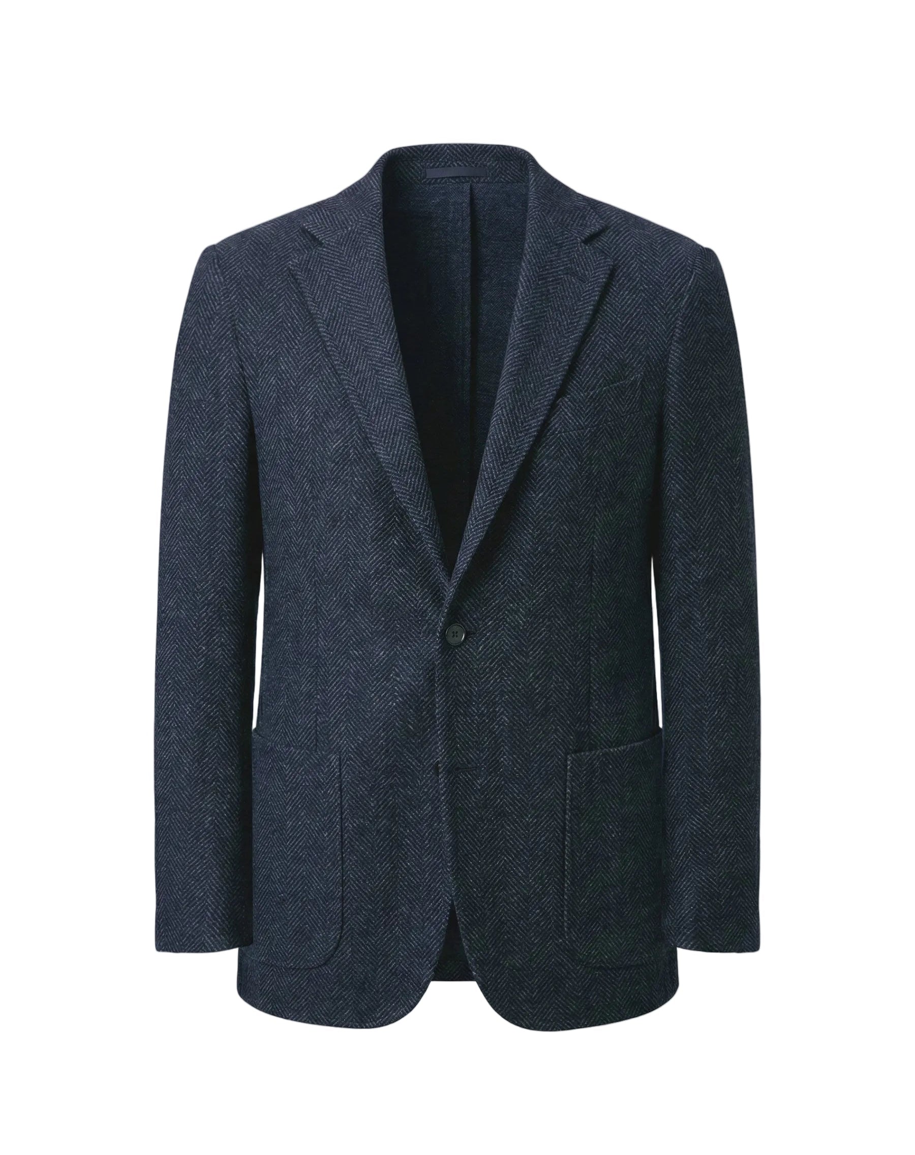 Dark blue single-breasted men's jacket with a herringbone pattern, notched lapels, one button closure, and two rounded patch