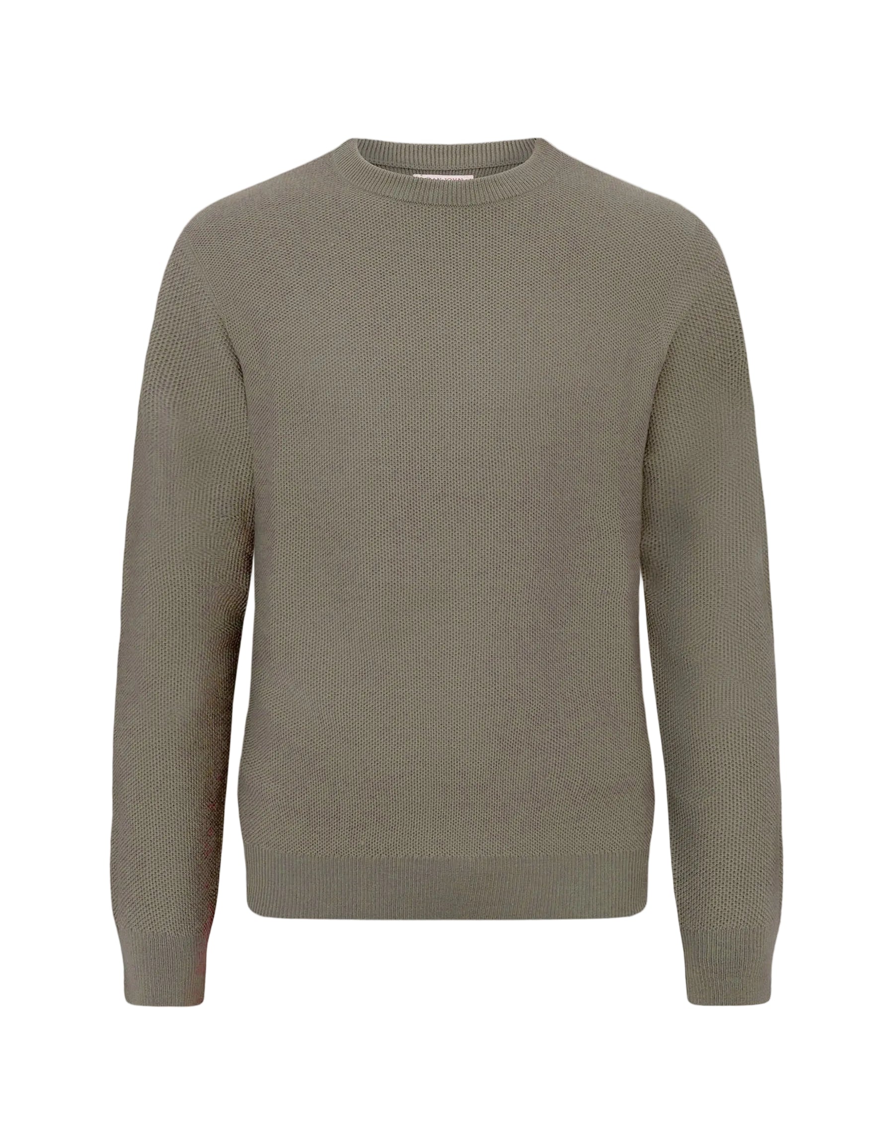 Olive green crew-neck knit sweater with long sleeves, ribbed cuffs, and a ribbed hem.