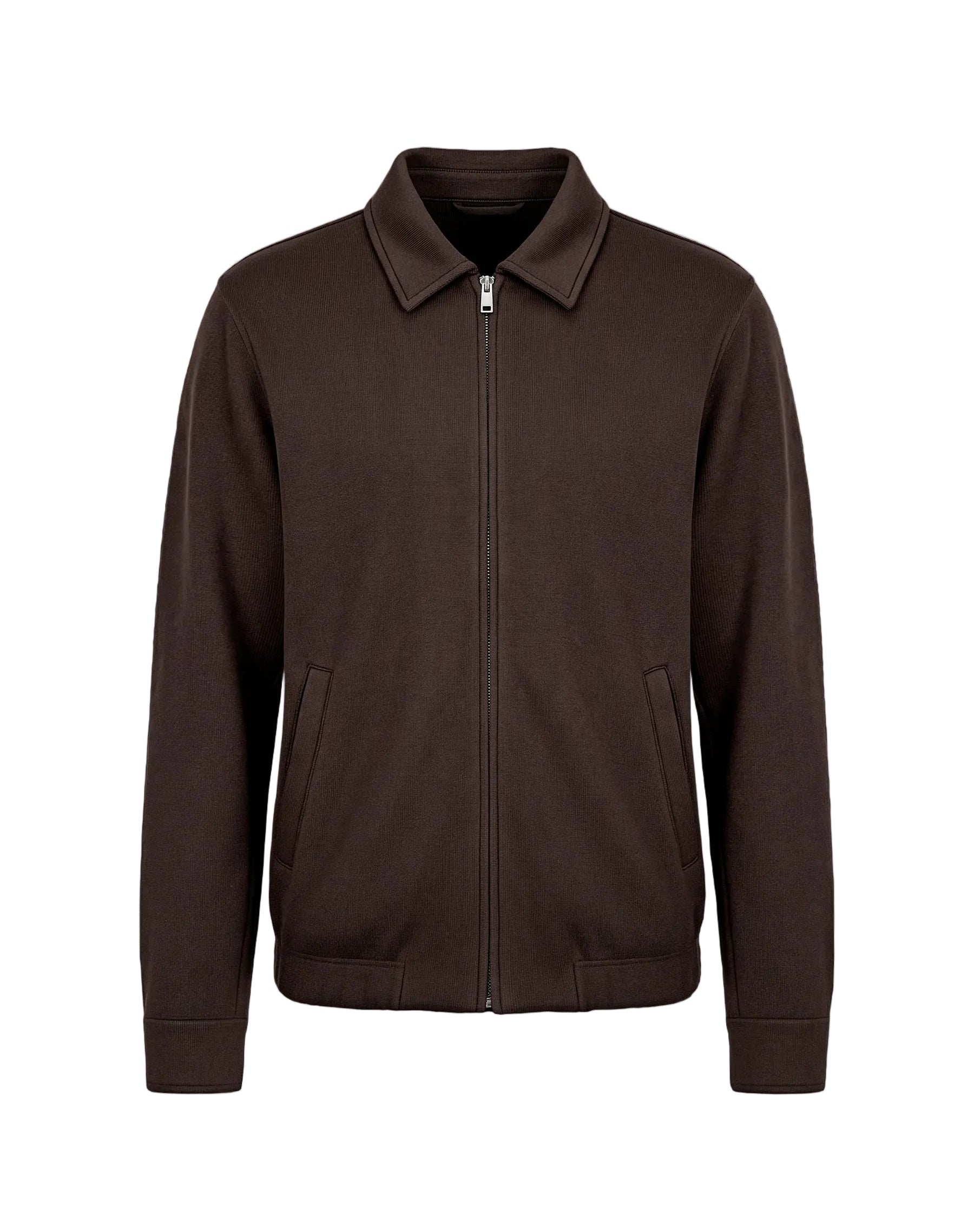 Dark brown men's full-zip collared knit sweater with ribbed texture, front welt pockets, and ribbed cuffs and hem.