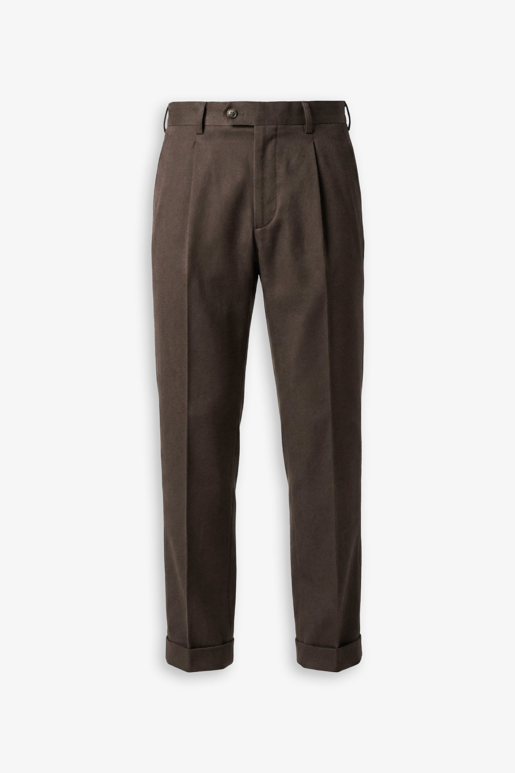 Dark brown tailored trousers with single front pleats, belt loops, button closure, and cuffed hems.