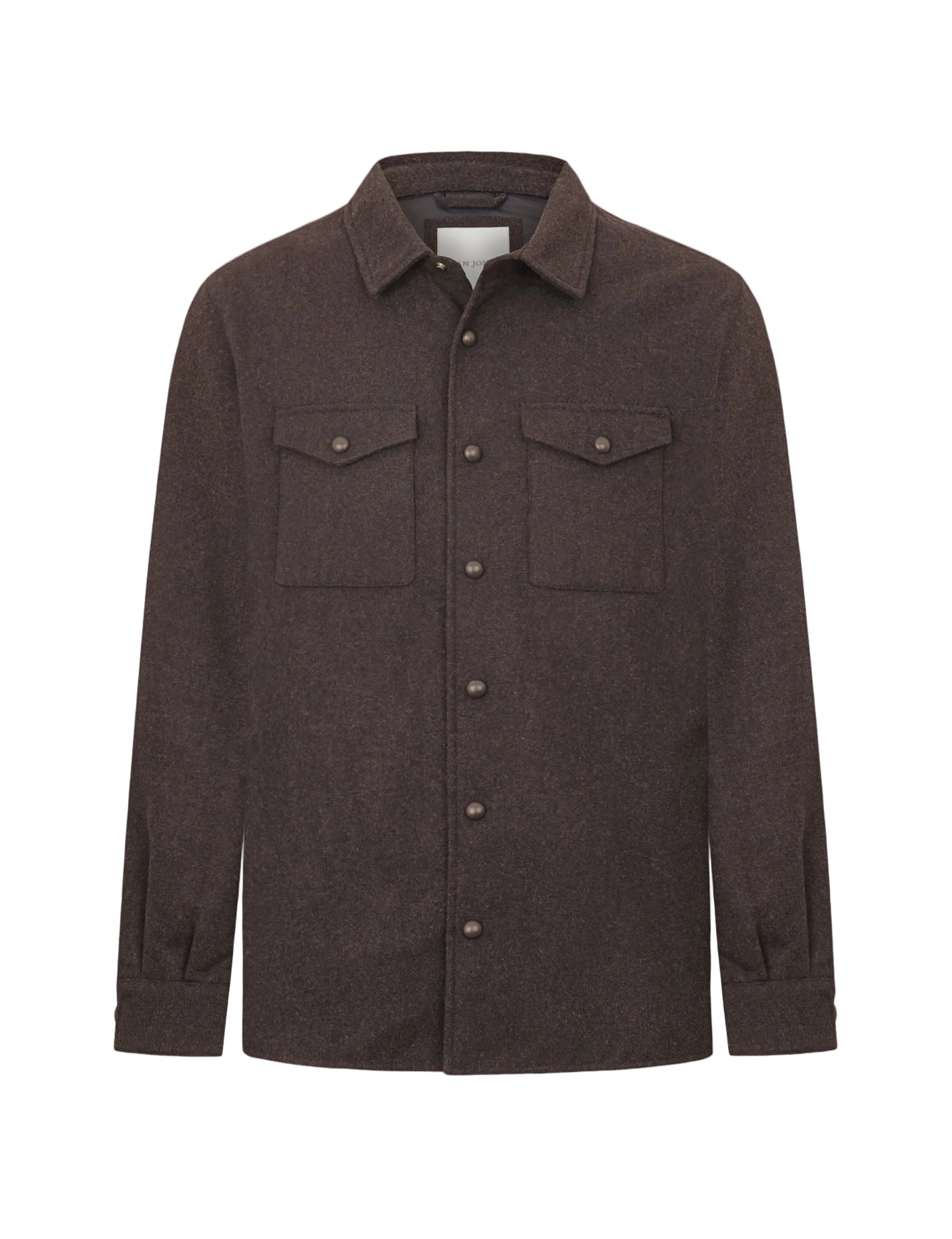 Dark brown men's shirt jacket with a classic collar, full button-front, and two buttoned chest flap pockets.