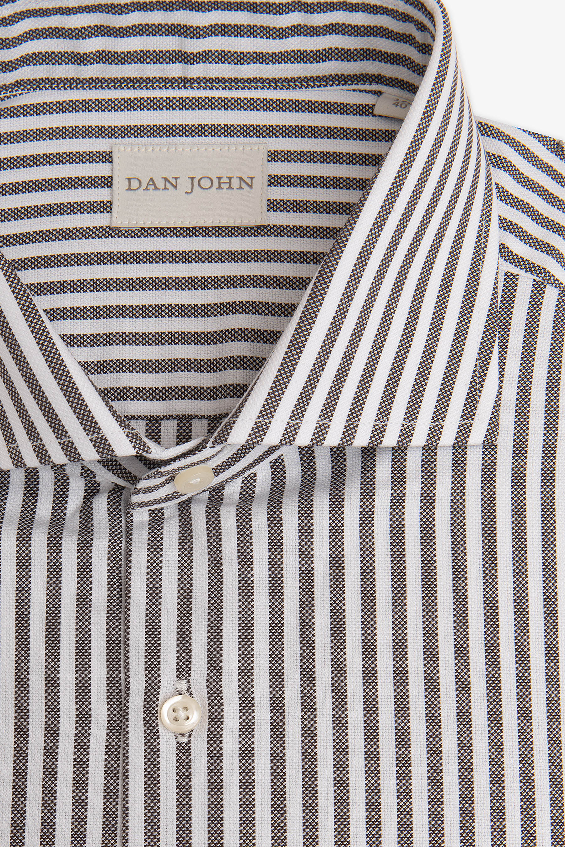 Dark brown and white striped shirt with textured vertical stripes, a classic point collar, and two light buttons.