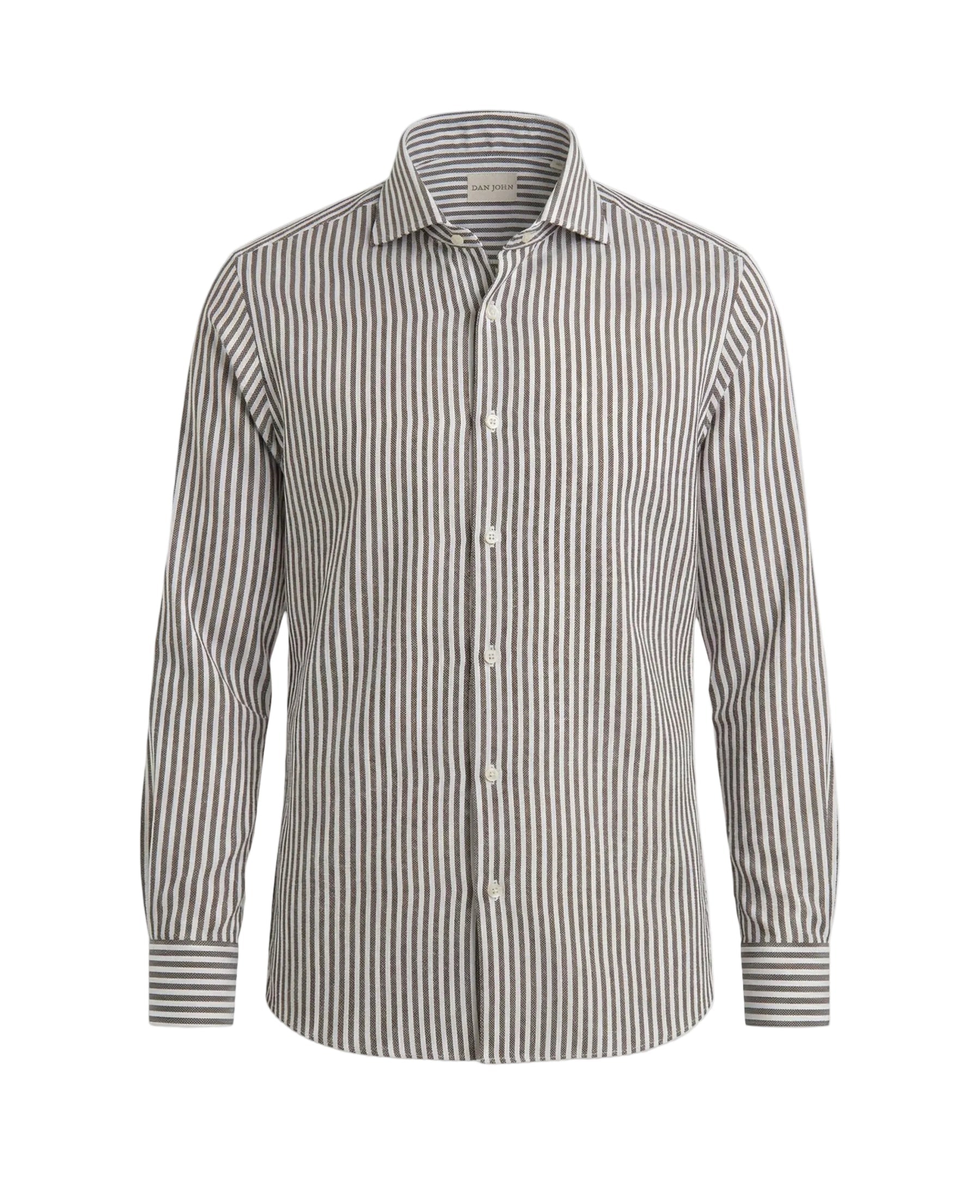 Men's long-sleeved shirt with dark brown and off-white vertical stripes, pointed collar, and buttoned cuffs.