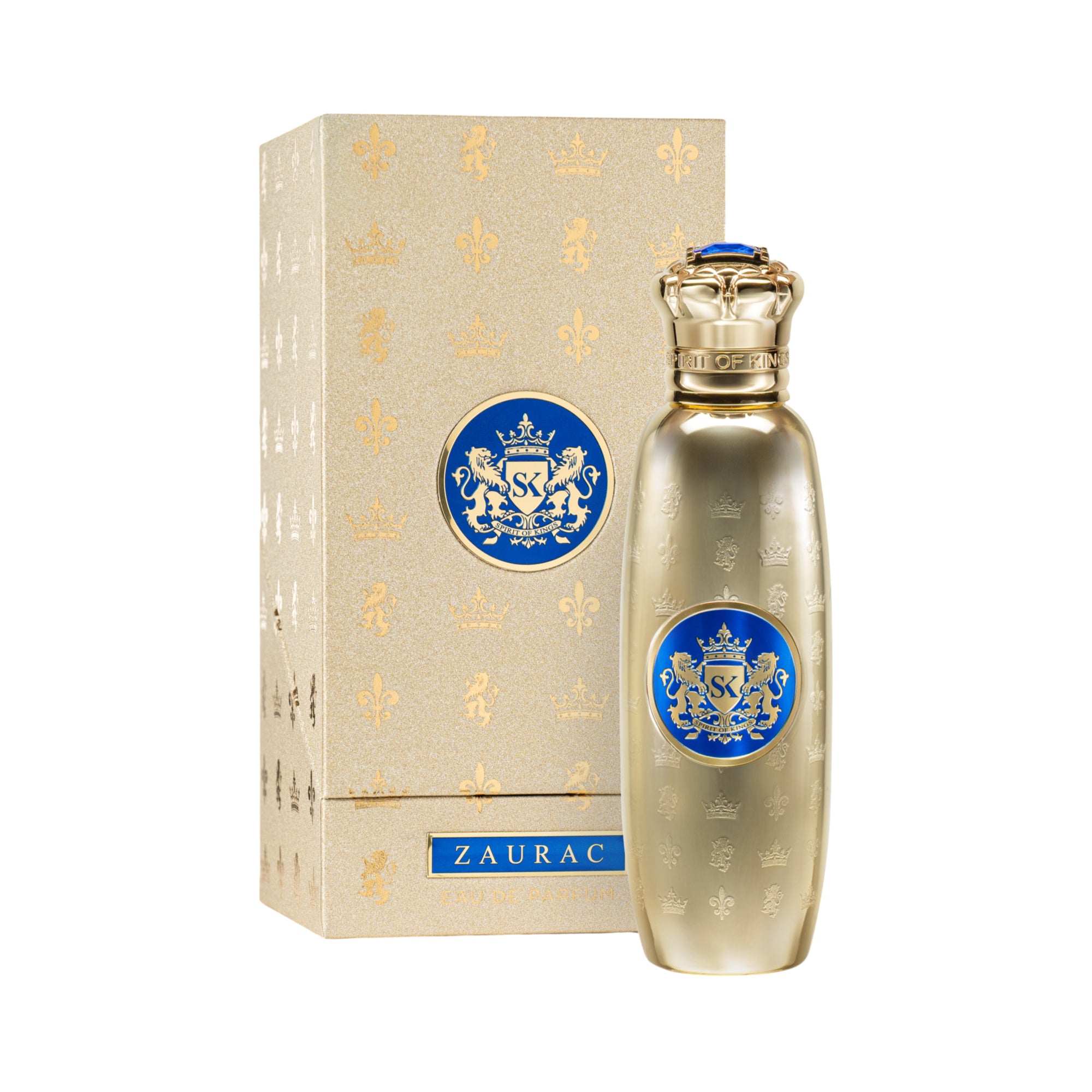 Gold-toned perfume bottle with a crown-shaped cap and blue gem, next to a matching gold-toned box with blue crests and 'ZAURA