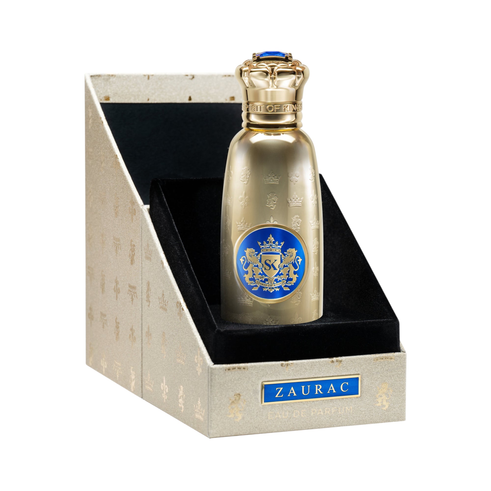 Gold-toned perfume bottle with embossed crowns, blue crest, and crown cap with blue gem, in a beige box with black velvet and