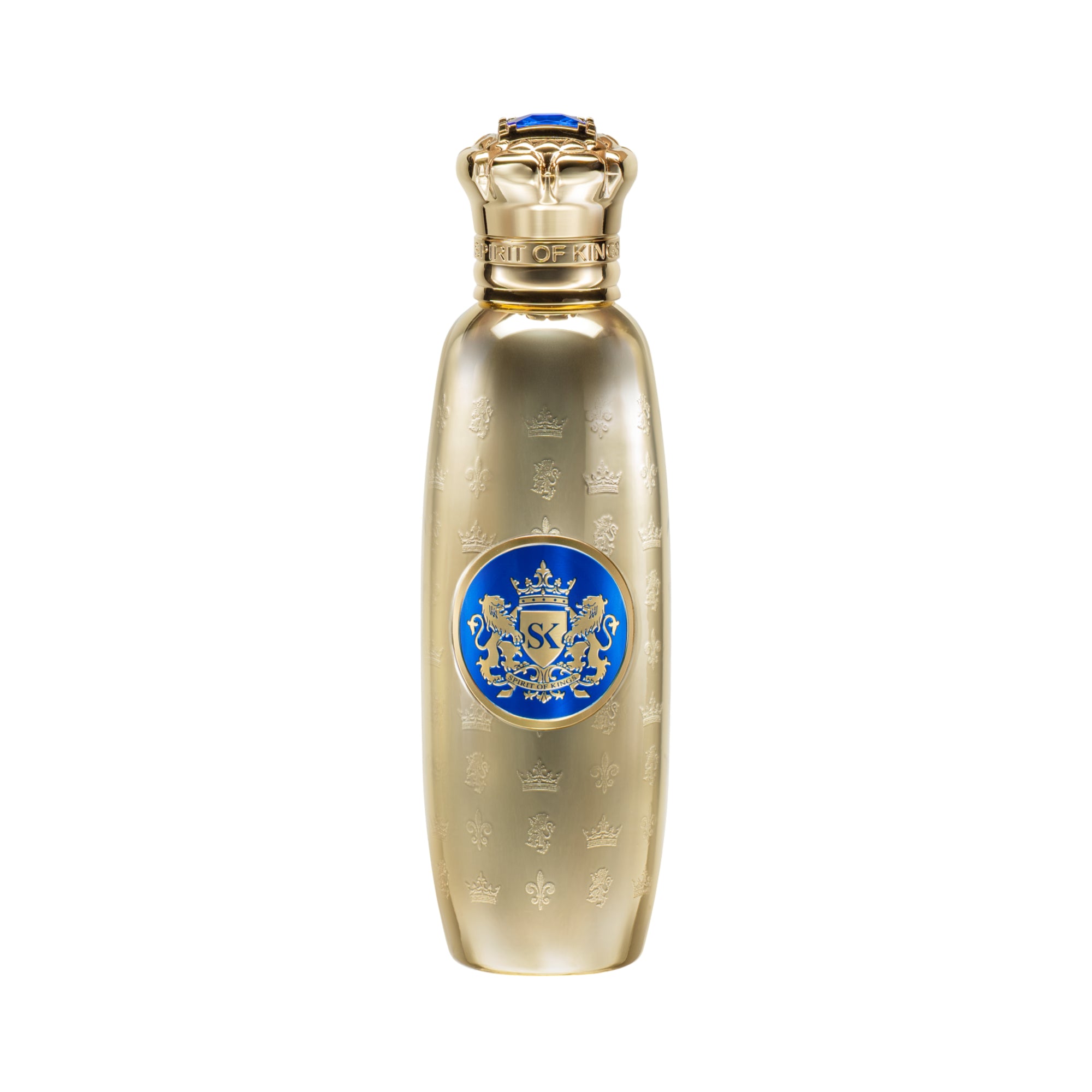 Gold-toned perfume bottle with an ornate crown-shaped cap featuring a blue jewel, and a blue central crest emblem.
