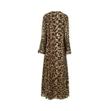 Back view of ZAWJA leopard print long-sleeve dress showing the continuous leopard and gold sequin pattern.
