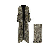 Full view of the ZAWJA 3-piece set featuring a leopard print sequined open abaya worn over a long black inner dress.