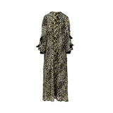 Full view of the ZAWJA 3-piece set featuring a leopard print sequined open abaya worn over a long black inner dress.