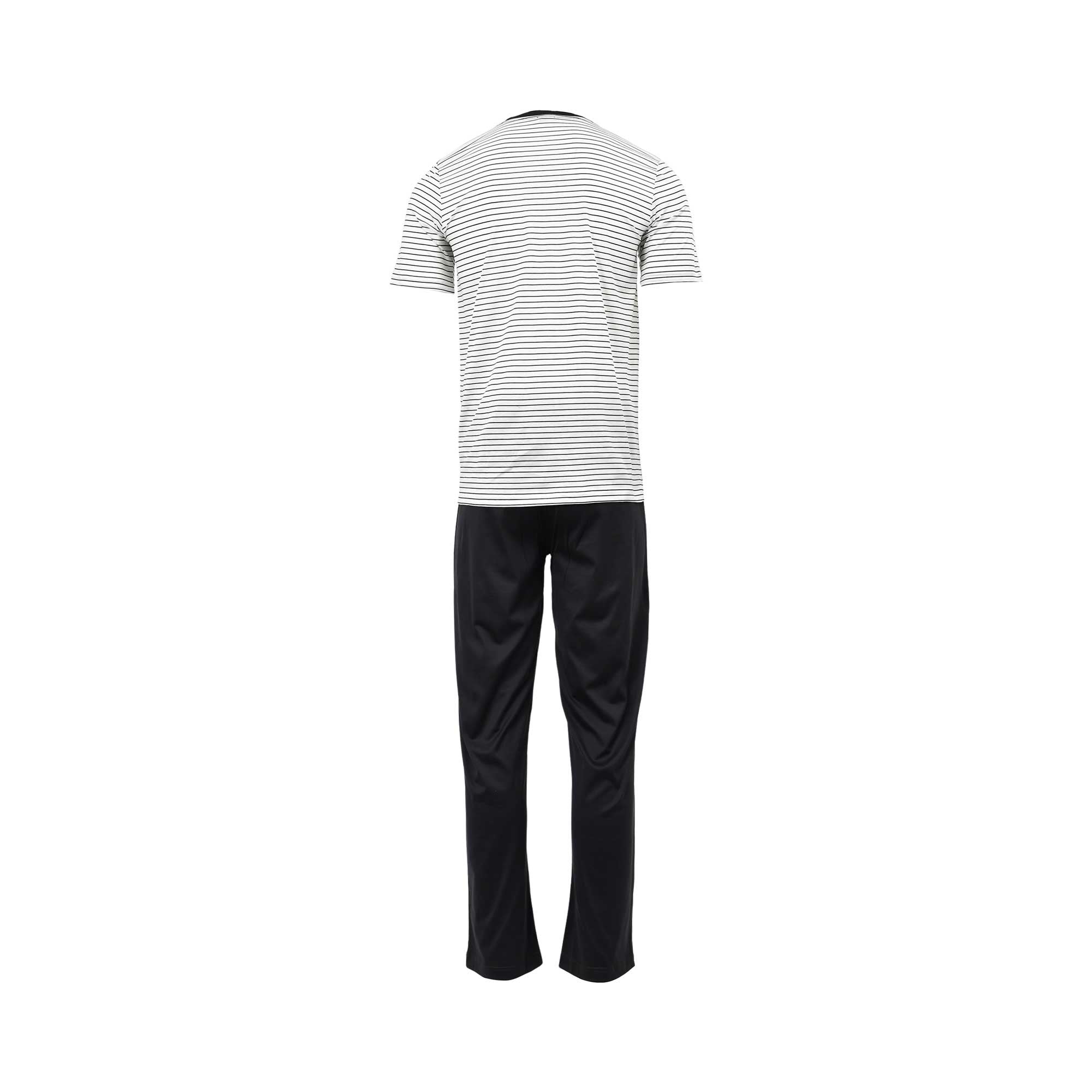 Back view of a pyjama set. White short-sleeve top with thin black horizontal stripes and black trim. Solid black long pants.