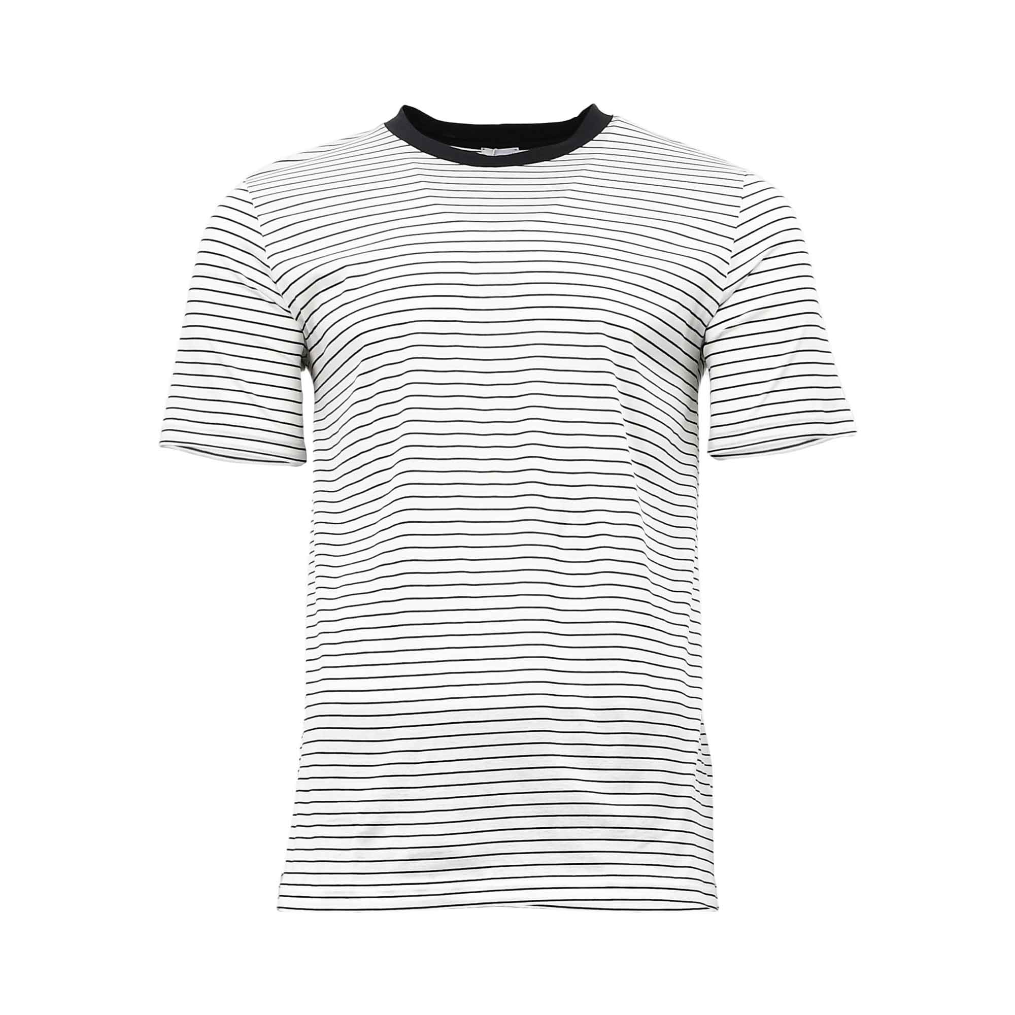 White short-sleeve crew neck top with thin espresso horizontal stripes and a solid espresso collar.