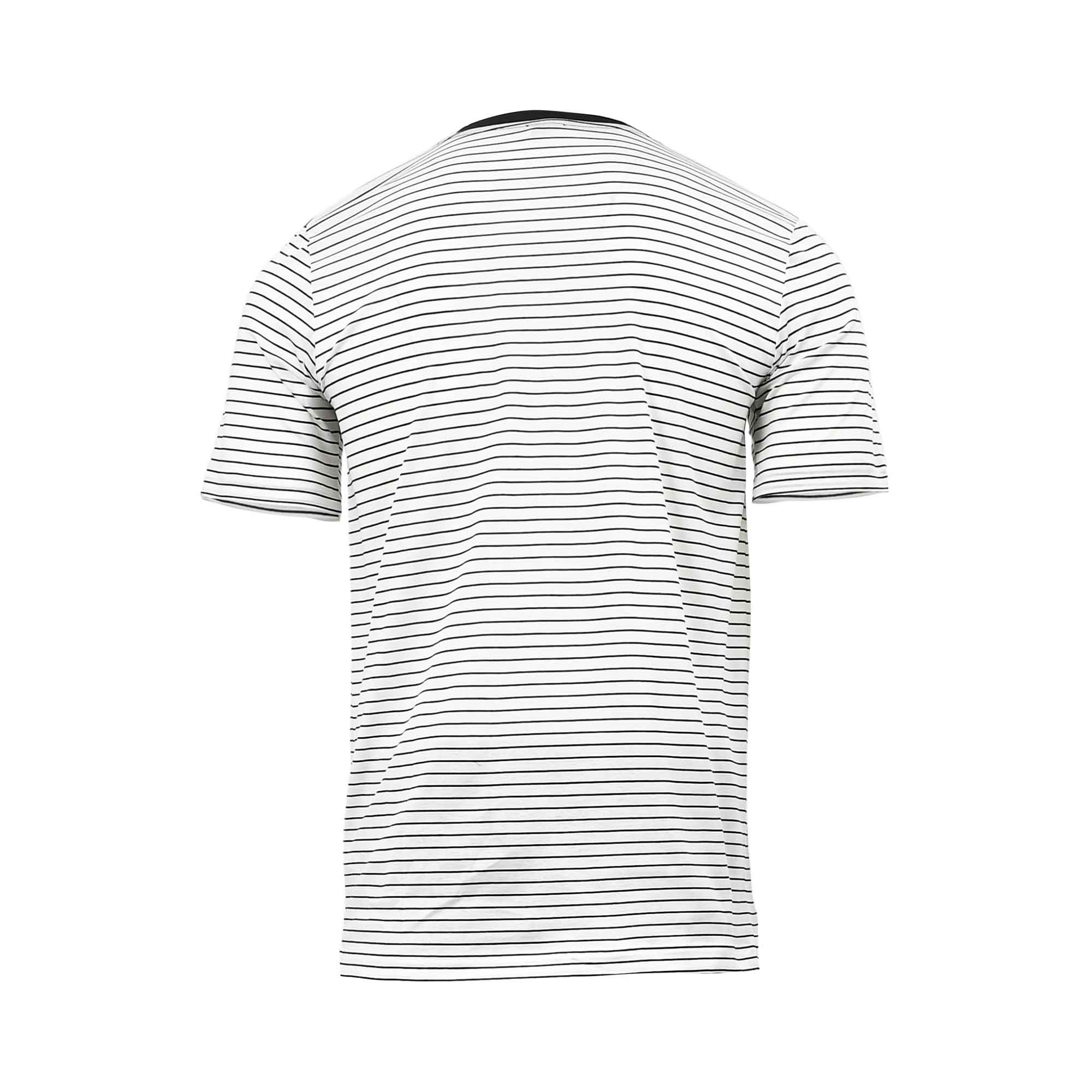 White short-sleeve pyjama top with thin horizontal espresso stripes and a dark inner collar, back view.