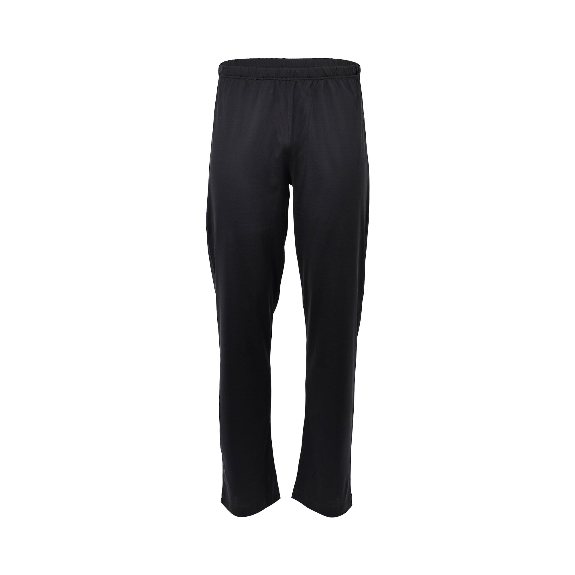 Black long pajama pants with an elastic waistband and straight legs.